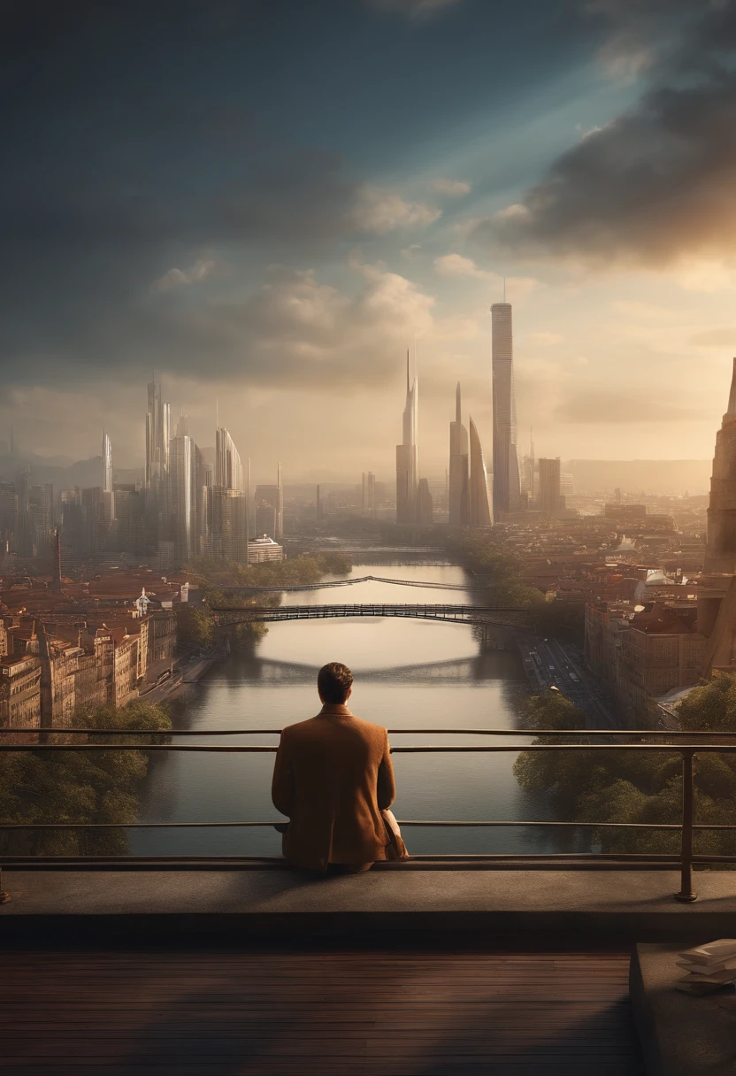 (8k unidade de papel de parede CG extremamente detalhado, master part, best quality, ultra-detalhado), (((sozinho)))), ((tiro extremamente largo:1.15)), a man on a bridge looking at a scientific city in the distance in the background, ((Back view)), ((corpo inteiro)), (High detail), (detalhes intrincados), intrincado, Superb dinner, ambiente detalhado, ambiente altamente detalhado, ilustrador, (master part).