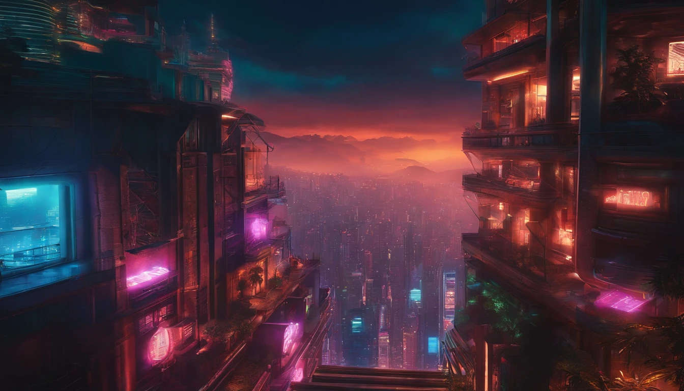 (obra prima) cidade no estilo cyberpunk, illuminated sky, neon light, imagem vista do zero, paisagem ampla, cidade futurista