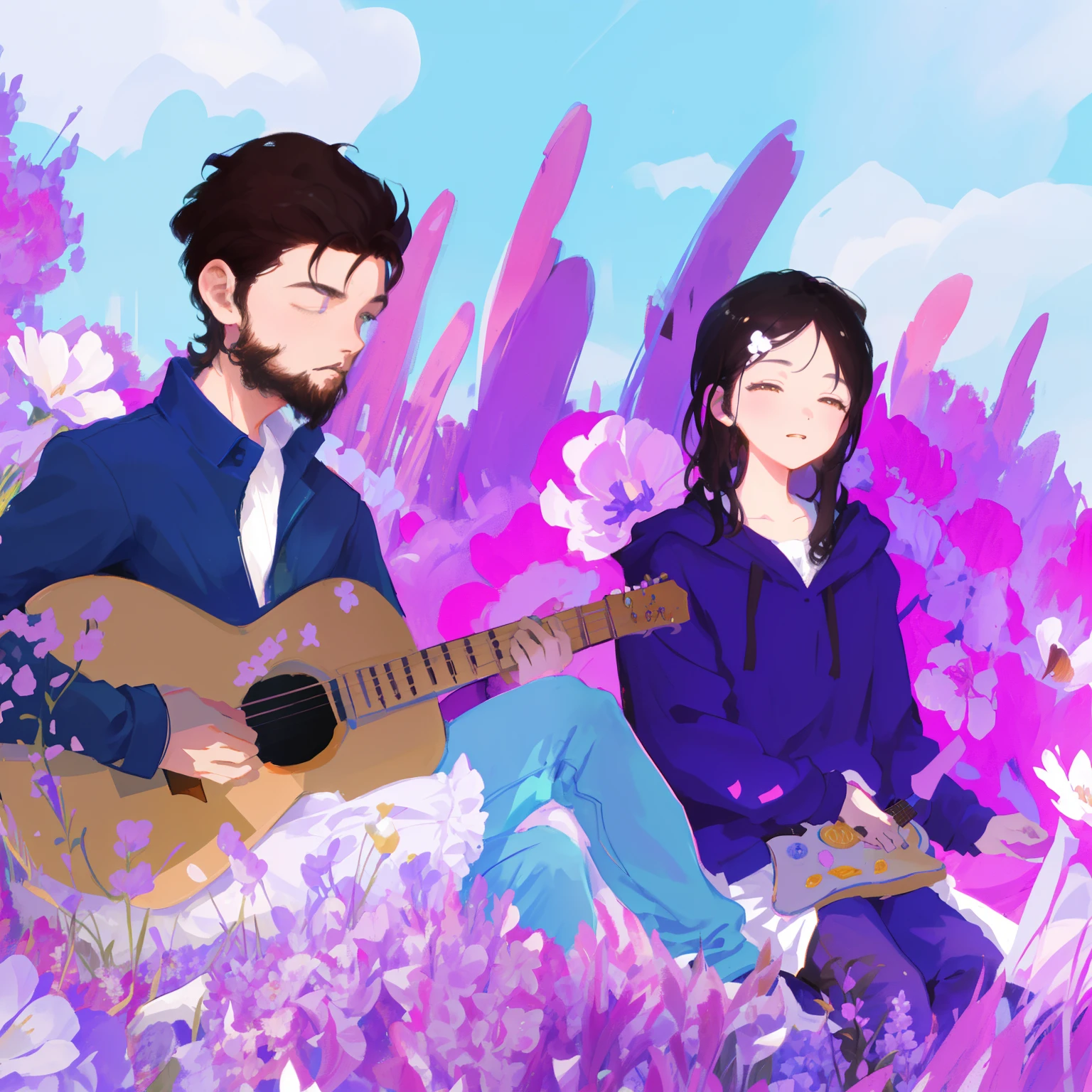 cartoon of a man and woman playing guitar in a field of flowers, official fanart, fanart, high quality fanart, monet and da vinchi art style, sitting in a field of flowers, lofi artstyle, Fanart ", inspired by Glòria Muñoz, blurry and dreamy illustration, jaidenanimations, detailed fanart, [ digital art ]!!