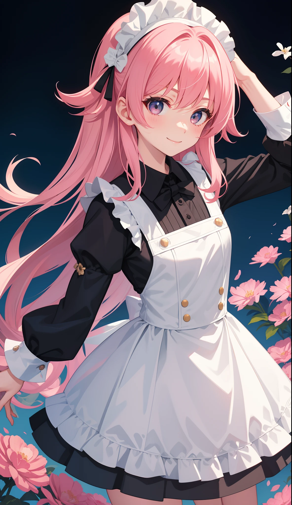 1girl in、AS-Adult、A smile、The shirt、skirt by the、(small tits)、doress、pinafore、hair adornments、(Maids)、Upper body portrait、