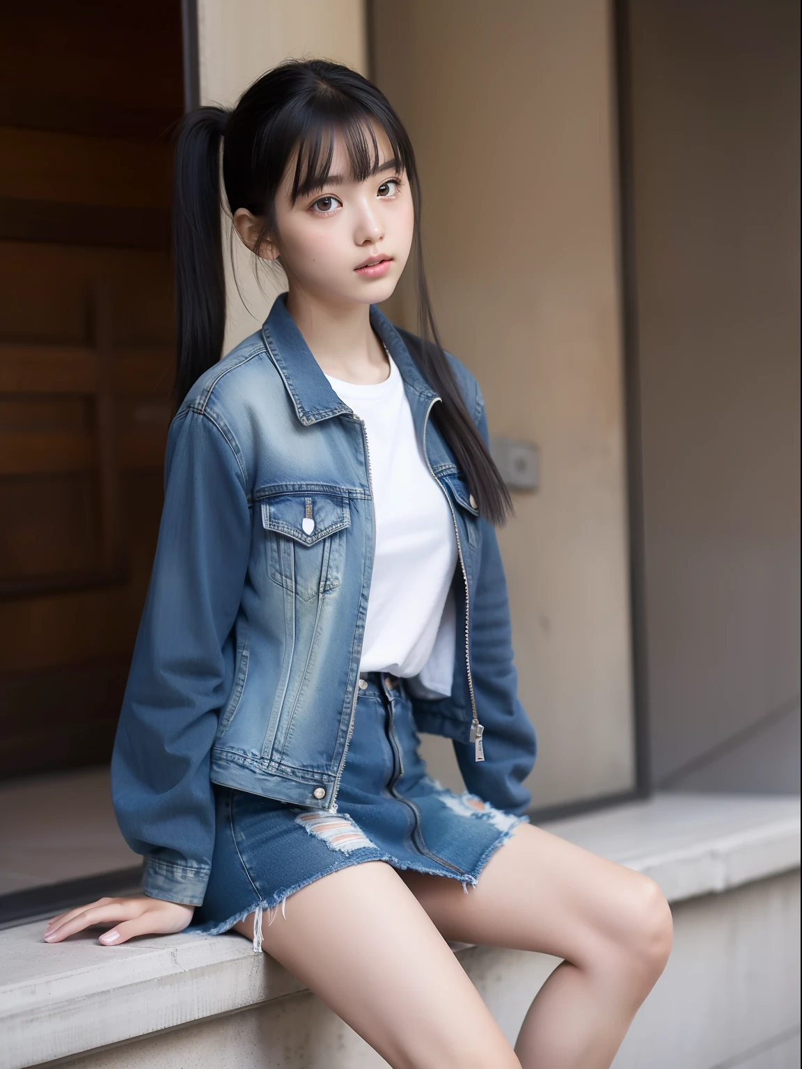 Knees，年轻，(Denim skirt)，Zip Up，teens girl，A dark-haired，Twin-tailed，poneyTail，delicate and petite body