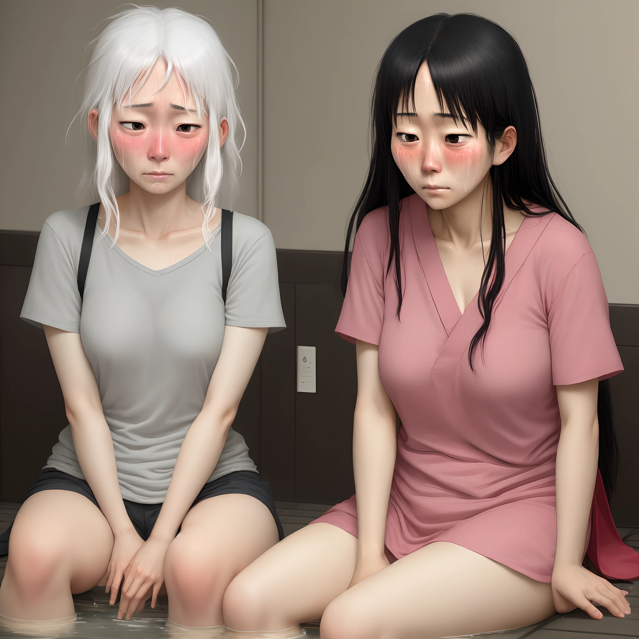 Japanese two gals, 35 years old, junkie, B cup, long messy black hair, white hair, snub nose,
drenched in sweat, chill out, blush with shame