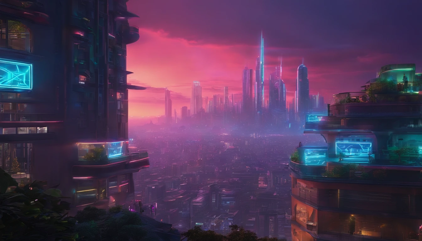 (obra prima) cidade no estilo cyberpunk, illuminated sky, neon light, imagem vista do zero, paisagem ampla, cidade futurista