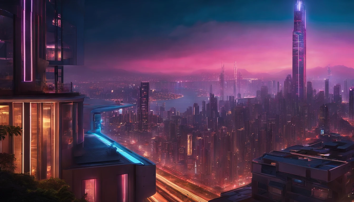 (obra prima) cidade no estilo cyberpunk, illuminated sky, neon light, imagem vista do zero, paisagem ampla, cidade futurista