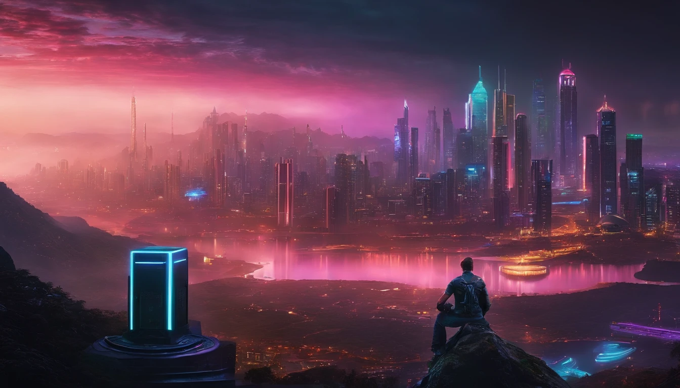 (obra prima) cidade no estilo cyberpunk, illuminated sky, neon light, imagem vista do zero, paisagem ampla, cidade futurista