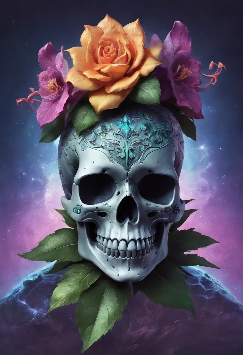 a close up of a skull with a flower on its head, fantasy skull, scary detailed art in color, scary color art in 4 k, sacred skull, conjuring psychedelic background, detailed digital artwork, calavera, sacred skulls, psychedelic illustration, sugar skull, skull face, death skull, scary art in color, skull liminal void background, psychedelic art style