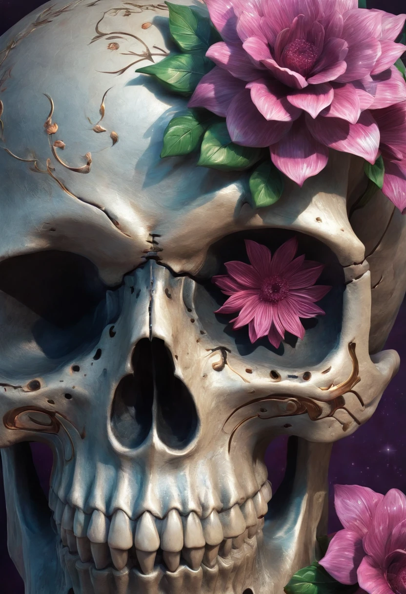 "Imagine a mysterious skull, adorned with intricate designs that dance across its surface. On it, 3D sculpted roses stand out, displaying a delicate, almost palpable texture. The petals appear in contrast to the cool colors that dominate the scene. Interlaced leaves create shapes that resemble a ballerina. The scenery is painted in shades of deep blue and enigmatic purple, revealing subtle reflections and a delicate light filtered through the shadows. In this composition, the duality between shadow and beauty creates a unique harmony, awakening the senses and inviting reflection on the mysteries of human existence." --auto --s2