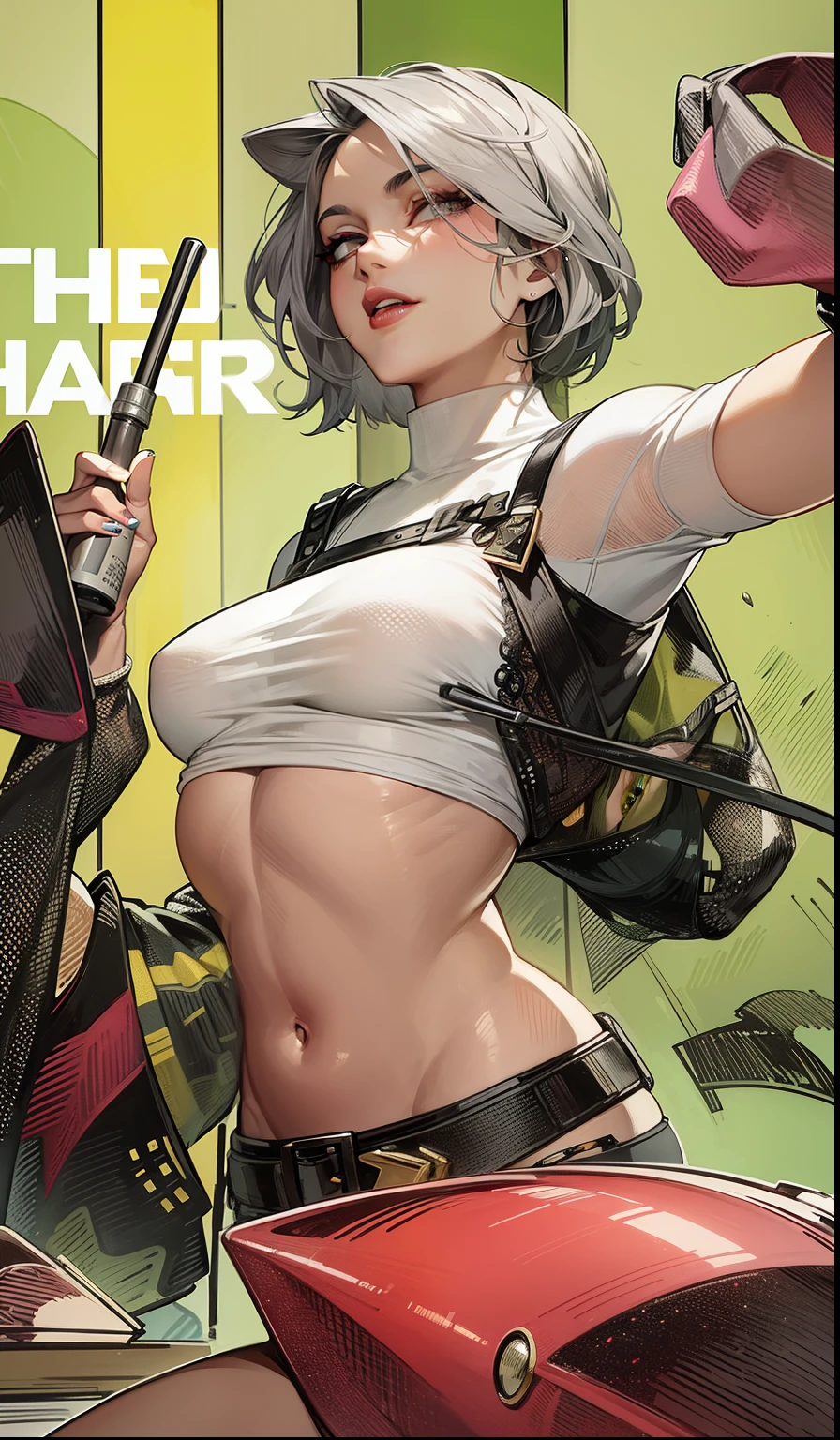 Ultra-HD image, Gray hair, Beautiful face, Dark colored lips, Seductive look, short hair, olive skin.
