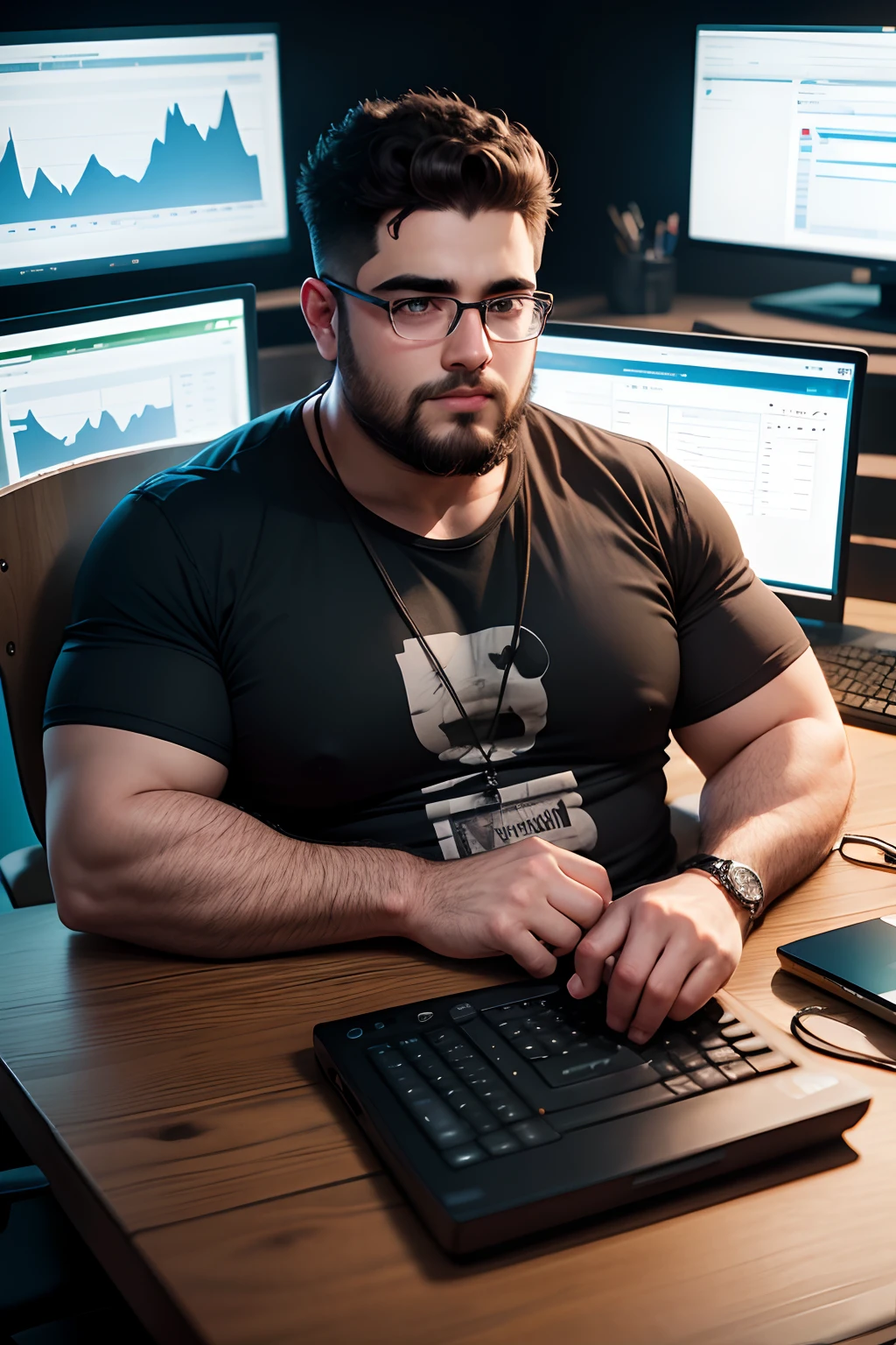 4k realista, Finance environment, menino, 28 anos, eyeglass, Fat picture background with computers and graphics, cabelo pequeno e barba