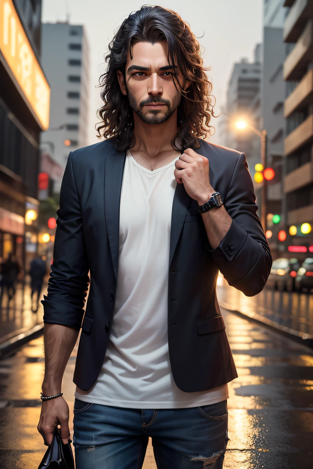 Um homem brasileiro de 30 e poucos anos. Eu cabelo loiro curto e cacheado, and an average physical construction - nothing too remarkable about the appearance. Roupa casual - folgada, Camisas Sociais, Blazers, 8k, Foto RAW, melhor qualidade, piece of master: 1.2), (Realistic, photo-realistic: 1.37), São Paulo Street, Brasil, Noite, chuva, humid, Cityscape, Noite, Solarpunk Cidade, luz suave, face extremamente brasileira, hands straight down, Pigsney