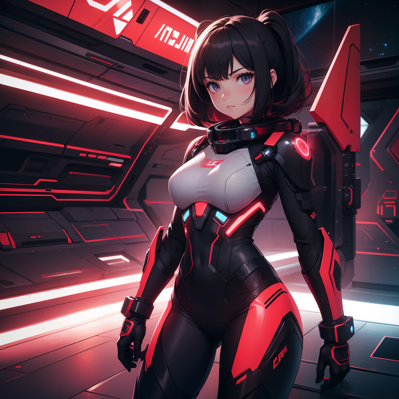 A girl in a mech suit with red neon parts in space