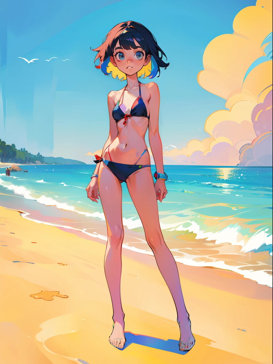 a short skinny girl in a bikini at the beach, full body, colorful