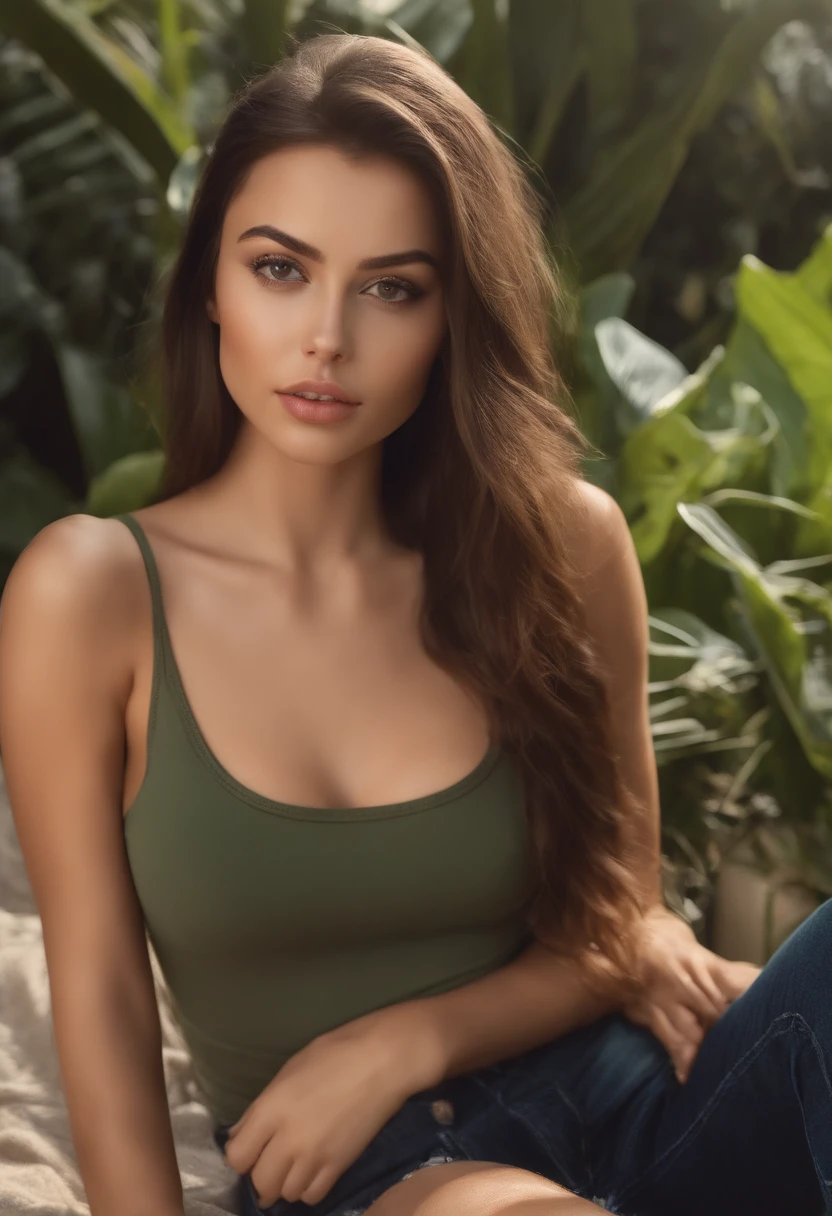 arafed woman with tight green tank top and short jeans, sexy girl with brown eyes, portrait sophie mudd, brown hair and large eyes, selfie of a young woman, bedroom eyes, violet myers, without makeup, natural makeup, looking directly at the camera, face with artgram, subtle makeup, stunning full body shot, at sunny crowded beach,