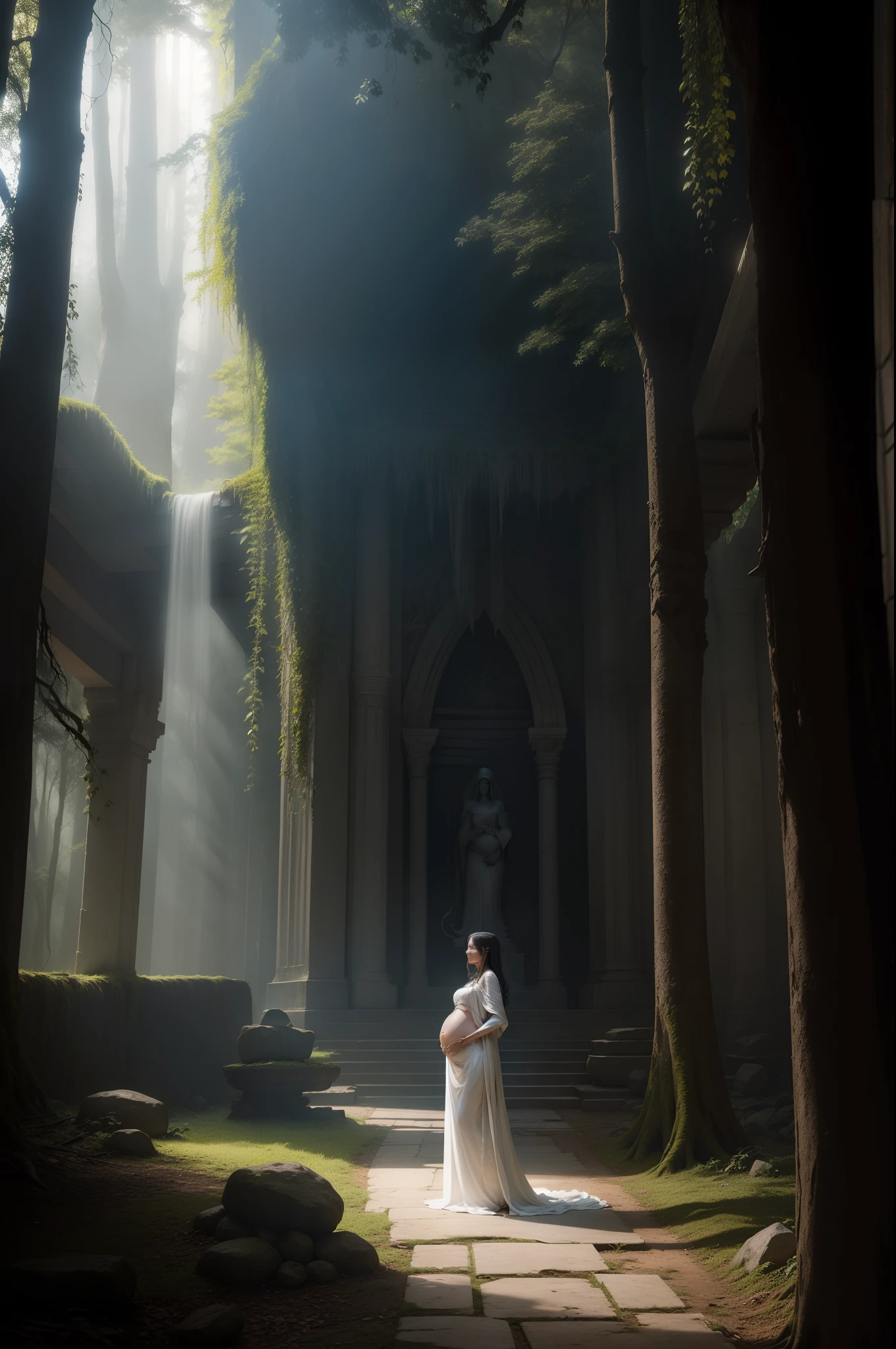 Full body pregnant woman in white dress poses for photo, white cloth, clothed, fully, white clothing, draped in flowing fabric, flowing white robes, Deep within a dense jungle, concealed by towering trees, lies a hidden voodoo temple. Its weathered stone walls are adorned with symbols and mysterious carvings, invoking a sense of ancient magic. The temple stands in stark contrast to its lush surroundings, emanating an eerie and mystical energy. Thick vines snake their way around the structure, adding to the sense of mystery and enchantment. As sunlight filters through the canopy above, dappled light dances upon the temple, casting enchanting shadows. Photo taken by Annie Leibovitz with a Canon EOS R5 and a telephoto lens, the lighting is a mix of filtered sunlight and subtle atmospheric effects, creating an ethereal and haunting ambiance. Award Winning Photography style, Fine Art& Conceptual, 8K, Ultra - HD, Super - Resolution.