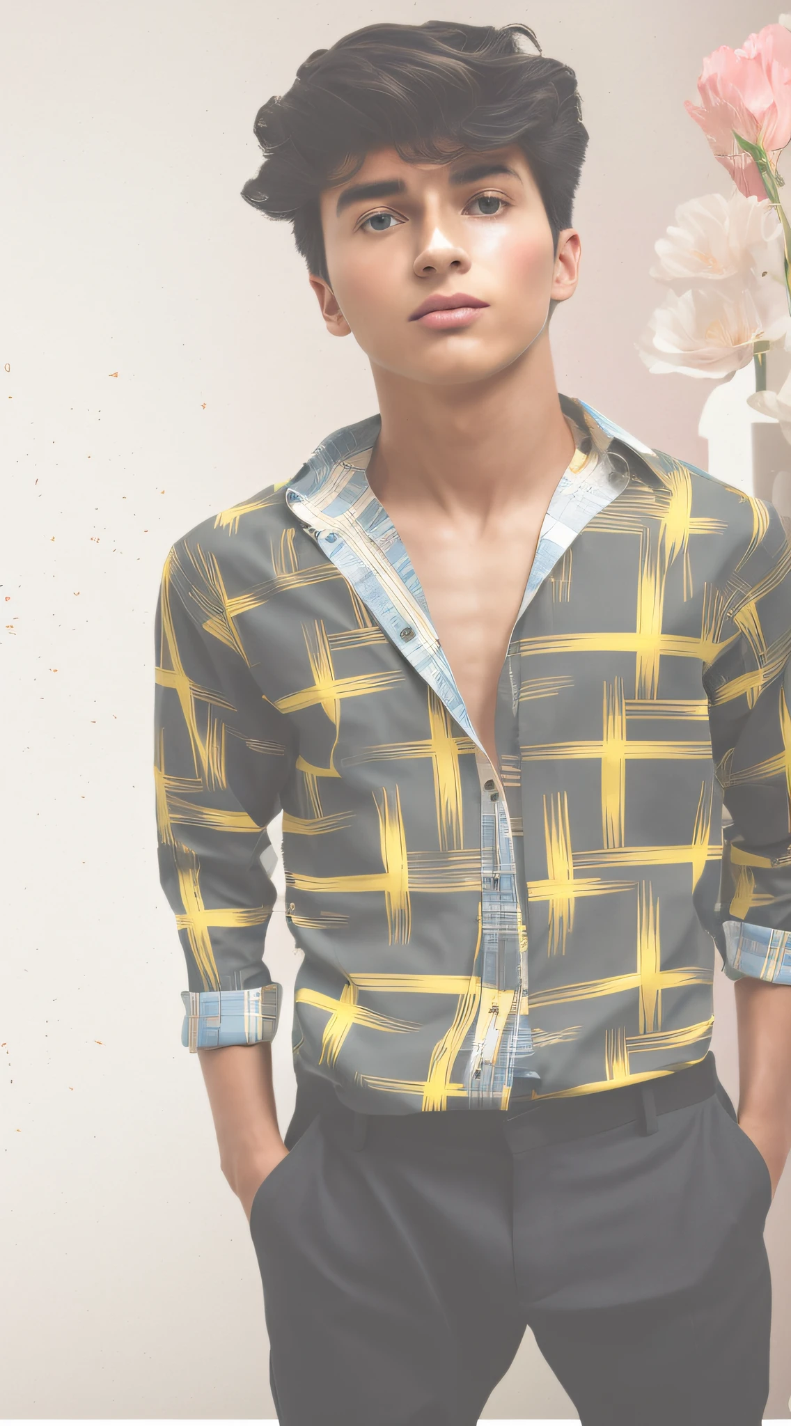 there is a man standing in front of a vase of flowers, wearing in shirt, edited, shirt, edited in photoshop, photoshopped, stylish pose, made with photoshop, wearing shirts, leaked image, computer generated, 🤬 🤮 💕 🎀, made with illustrator, flannel, * colour splash *, wearing a shirt, teenage boy, patterned clothing, post processed