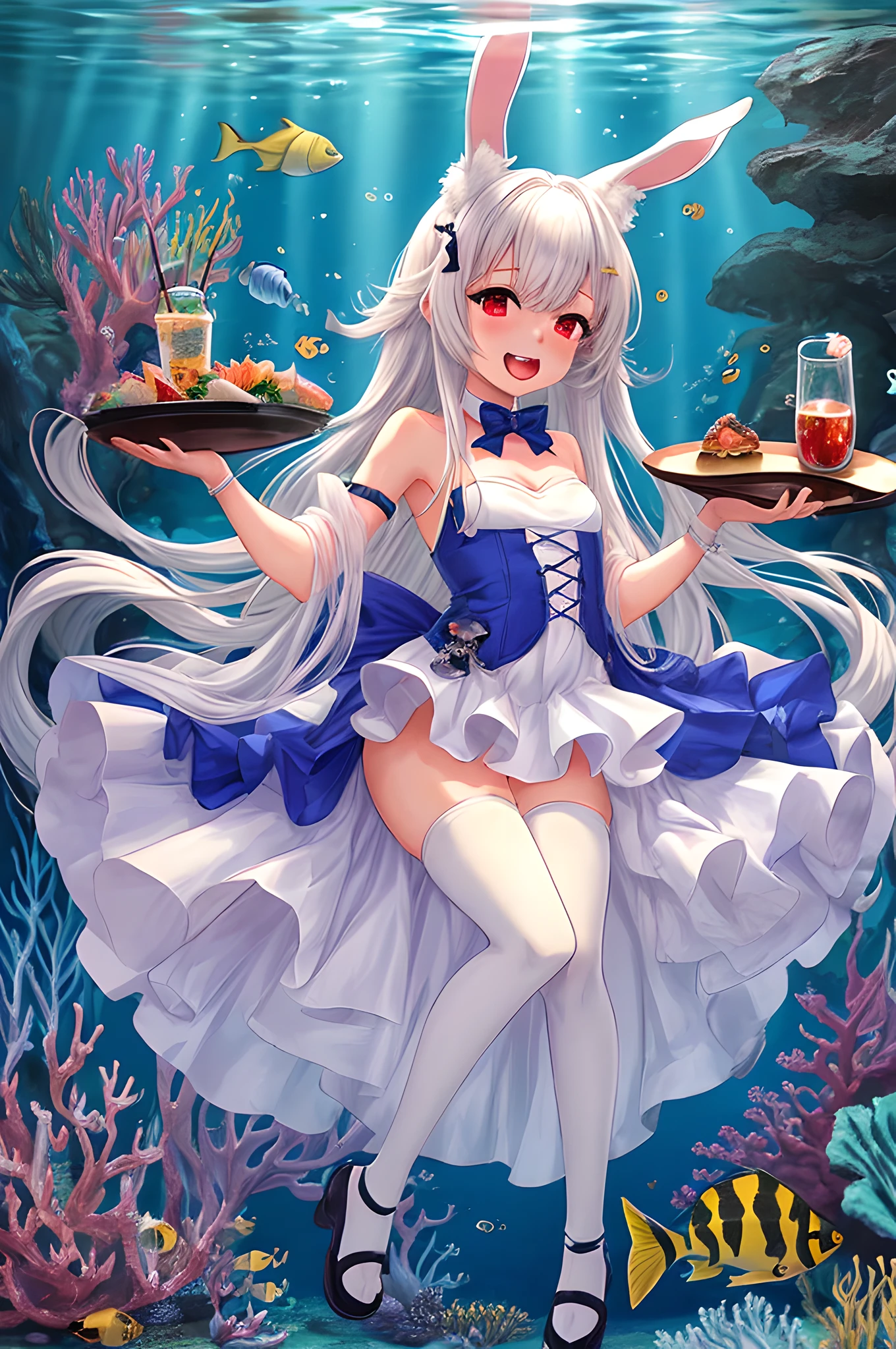 Anime girl with long white hair holding a tray and a cup, pixiv, neoism, deity, azur lane style, bunny girl, cute anime waifu in a nice dress, ahegao, Full Body Commission for Cat Girl, small curvy , underwater restaurant,fish people, red eyes, furry