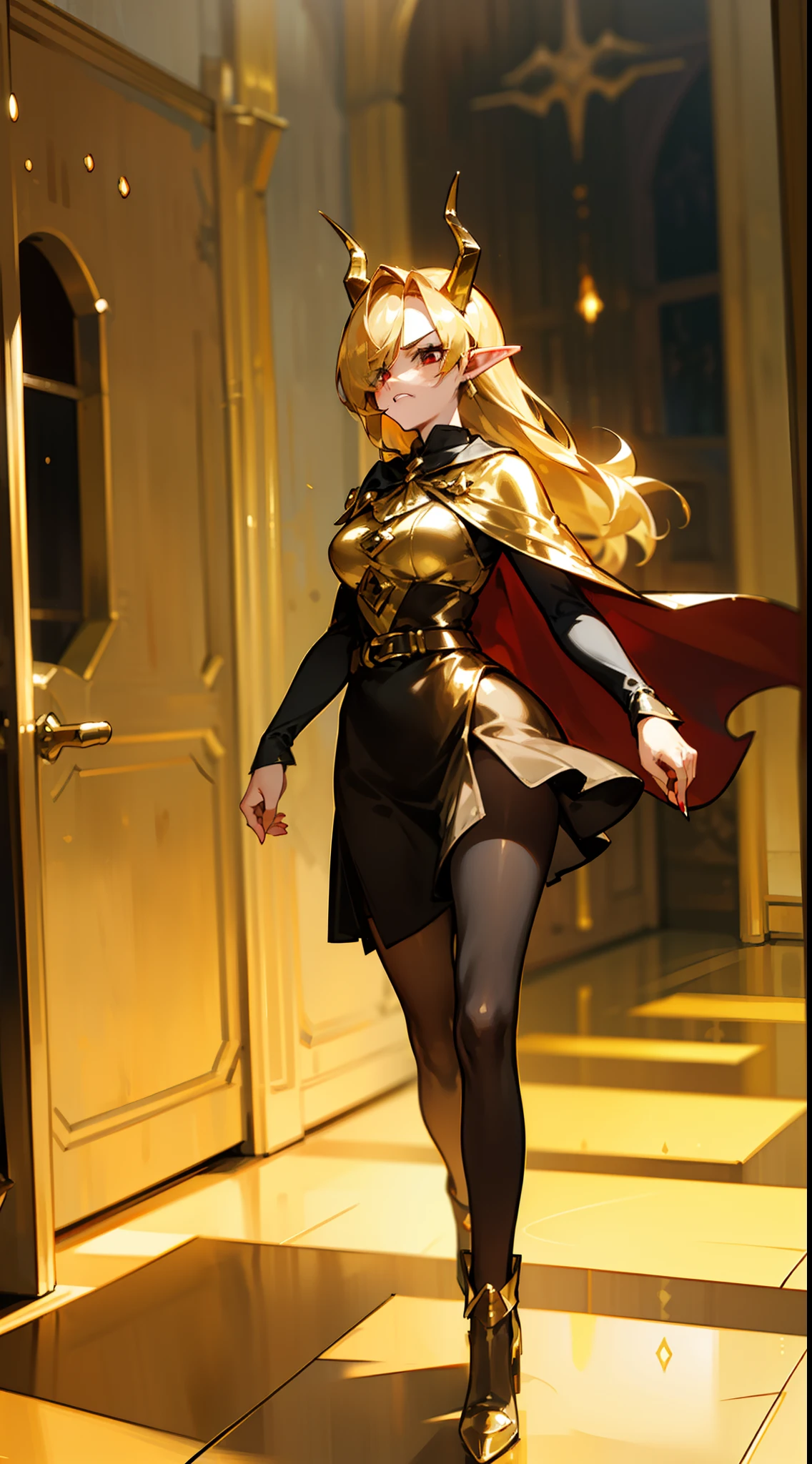 1woman,40s,solo,angry face,golden and black short dress,medium tits,golden hair,long hair,red eyes,elves ears, golden horns,pantyhose,((cape)),hair over one eye,gold high heels,(((walking in front of a room inside a castle)))