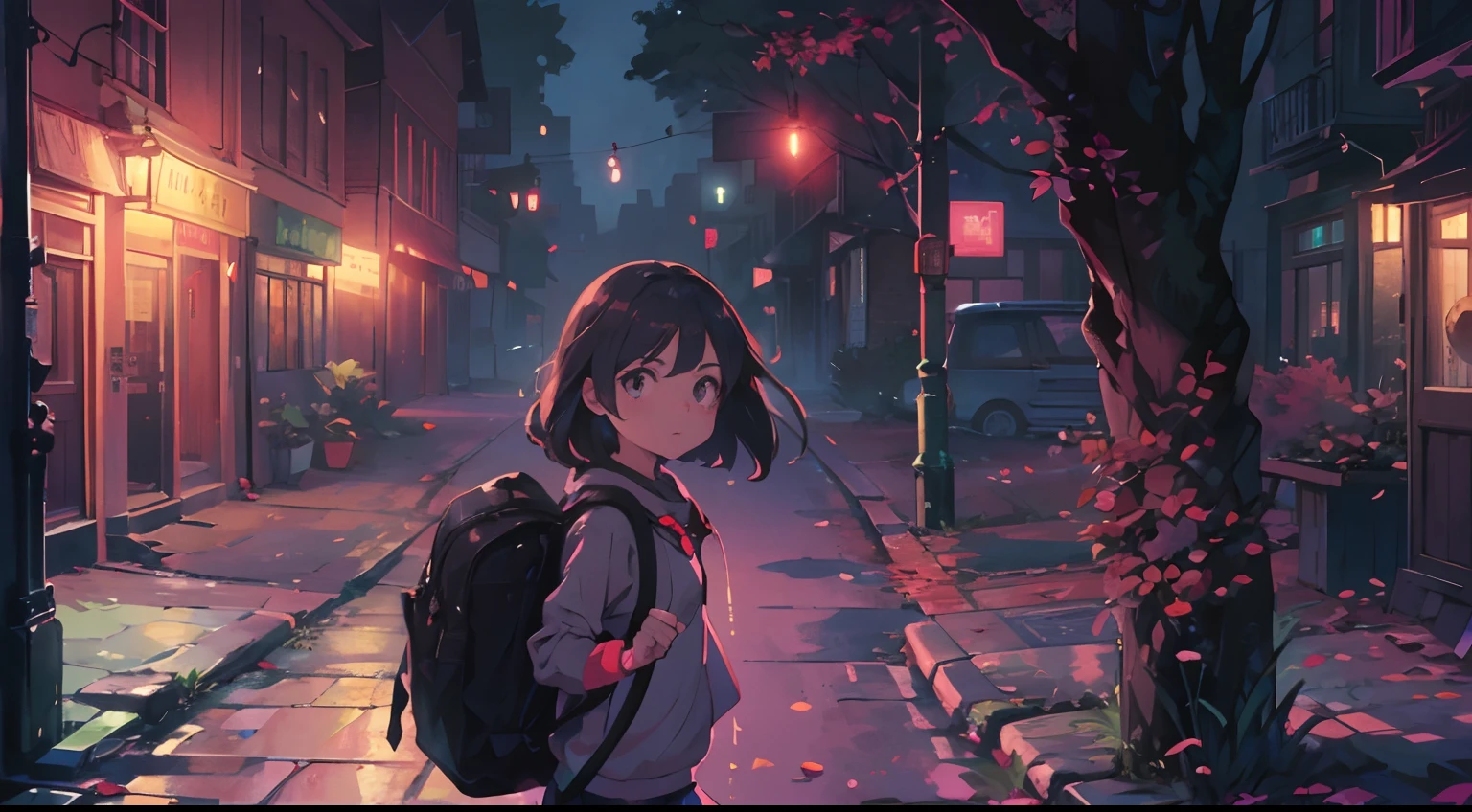 A little girl with a backpack walks down a deserted street, In the middle of the night with long shadows on it. Emily looks over her shoulder, Her eyes are wide from fear, As if she feels a presence behind her. at night. Dimly lit street with flashing street lights, And long shadows create a strange atmosphere. Deserted street, Long shadows. Street lights start to blink. Swinging tree branches. violence, Swish leaves in the wind, Create an annoying sound. at night. Emily's head turns sharply, Her gaze rushes from side to side.., Look for any danger sign.