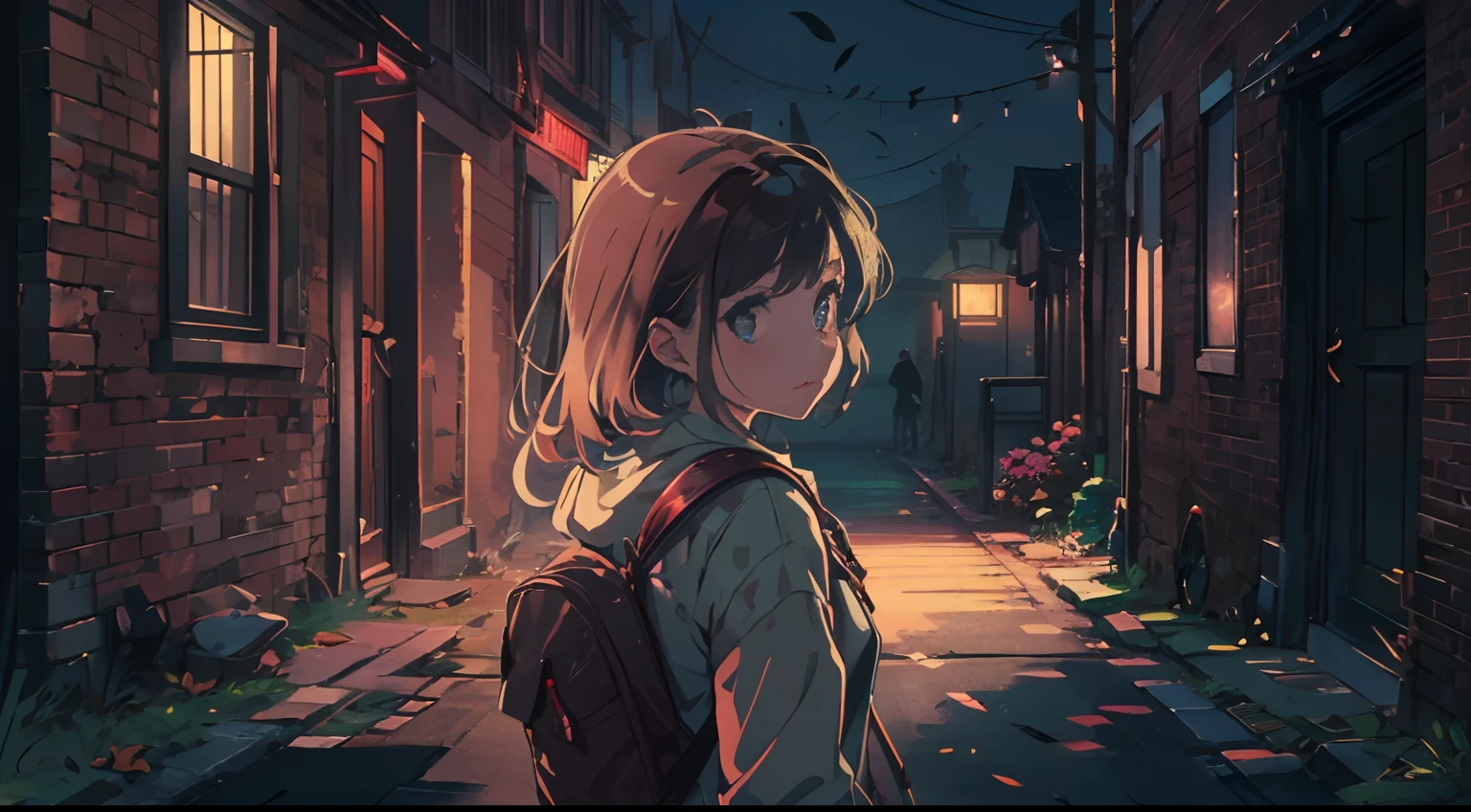 A with a backpack walks down a deserted street, In the middle of the night with long shadows on it. Emily looks over her shoulder, Her eyes are wide from fear, As if she feels a presence behind her. at night. Dimly lit street with flashing street lights, And long shadows create a strange atmosphere. Deserted street, Long shadows. Street lights start to blink. Swinging tree branches. violence, Swish leaves in the wind, Create an annoying sound. at night. Emily's head turns sharply, Her gaze rushes from side to side..., Look for any danger sign.