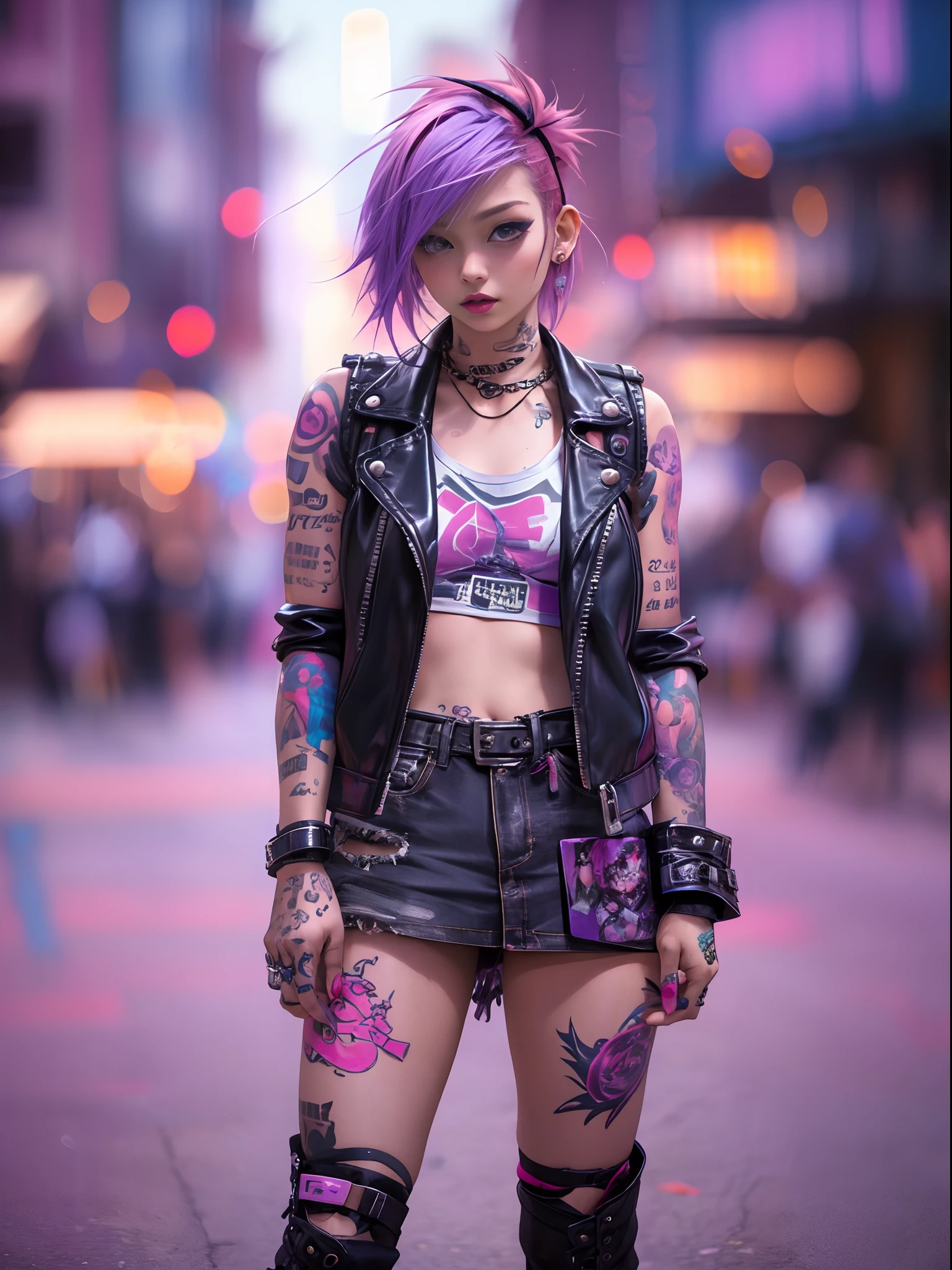Photograph of a cute 18 year old punk girl,、(top-quality、in 8K、32K、masterpiece、((NSFW)))、(Photorealistic:1.4),Fancy makeup, shapeless punk hair,punk fashion、tank top, leather jacket, miniskirts, pink-hair, red hair, purple hair multicolor hair、Tattoos,、city streets Background、Backlight effect、depth of fields,blurry background.