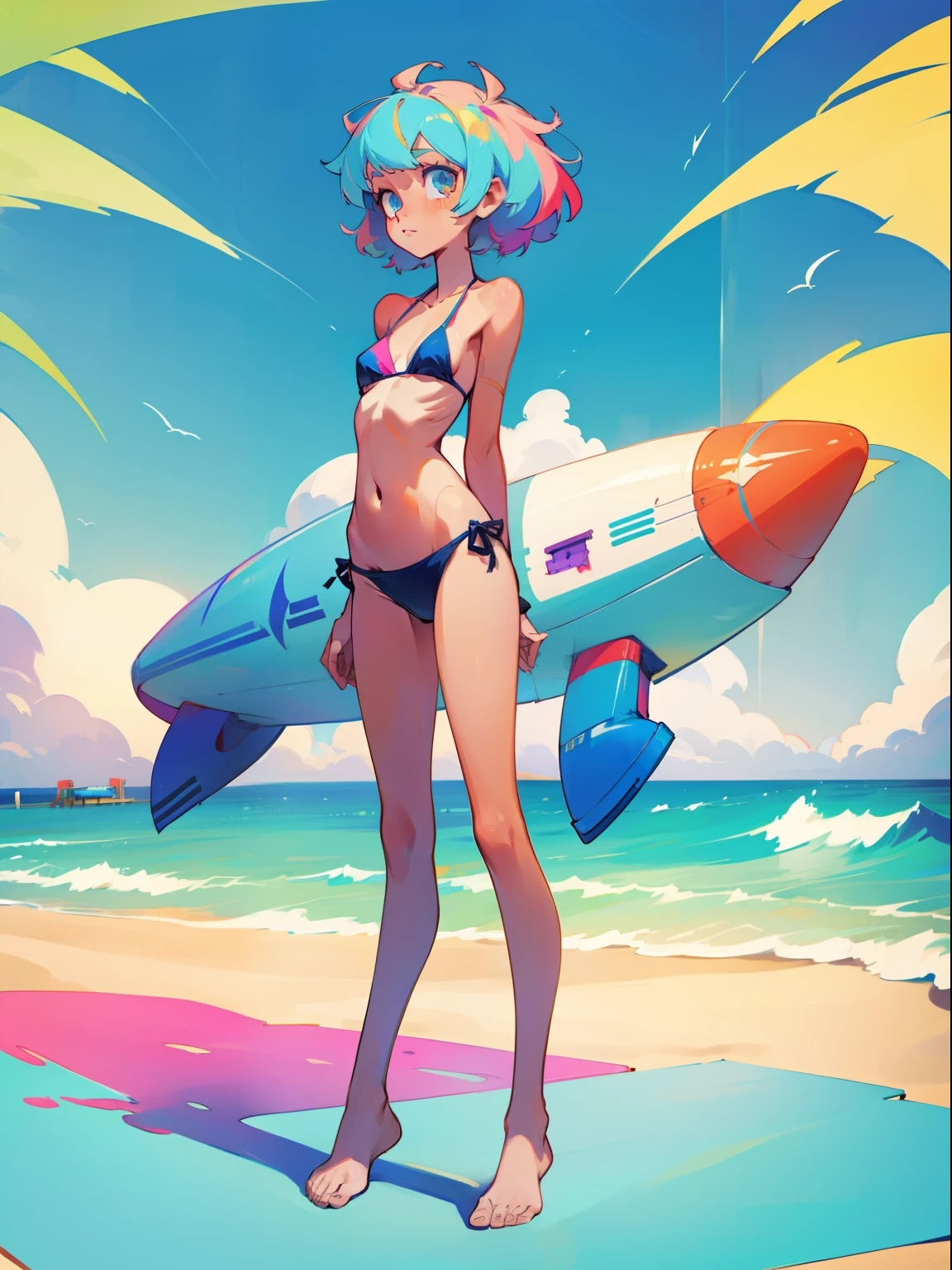 a tall skinny girl in a bikini at the beach, full body, colorful