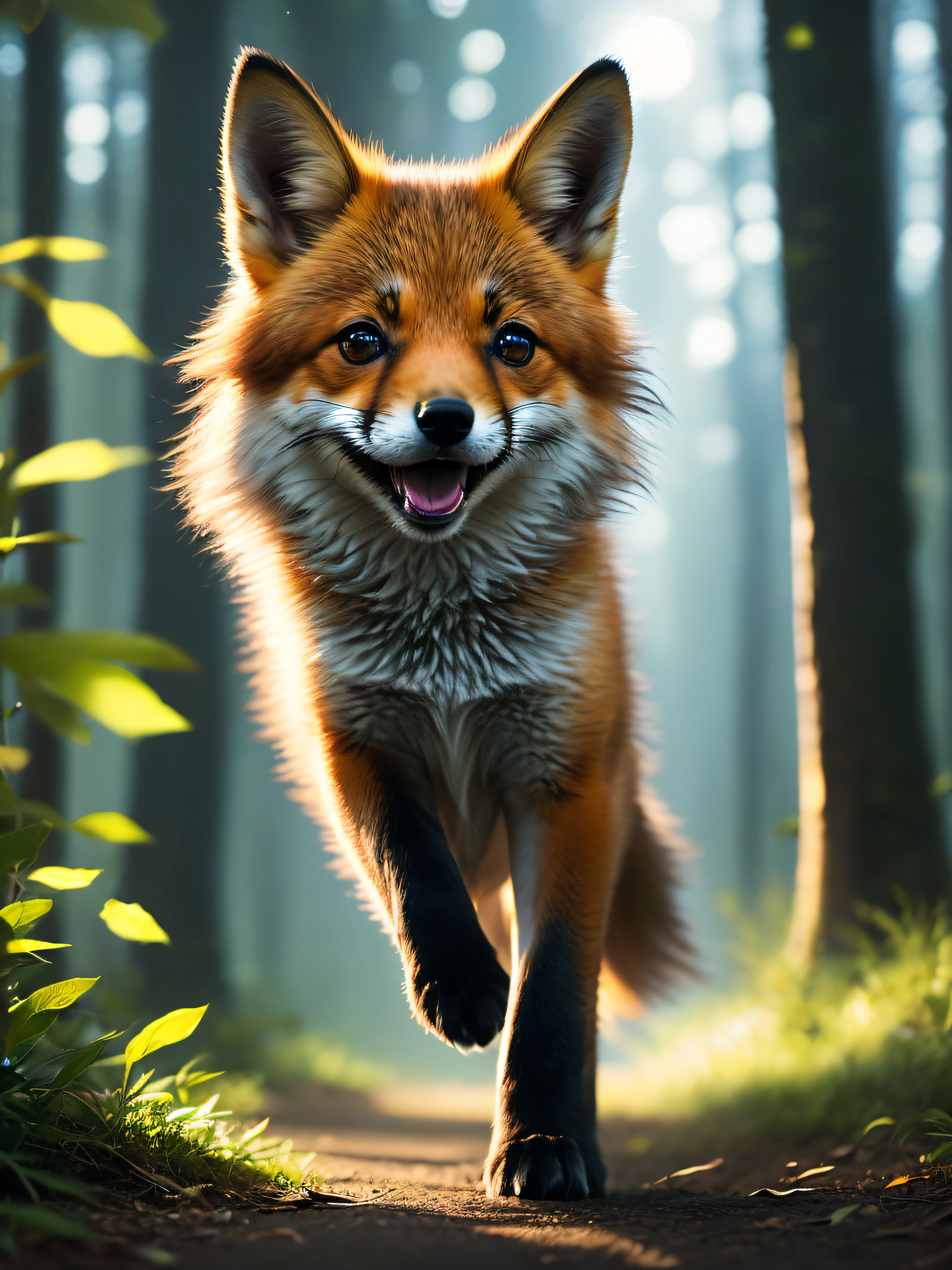 close-up photo of a fox puppy jumping very cute in the forest, soft volumetric lights (backlighting: 1.3), (cinematics: 1.2), intricate details (ArtStation: 1.3), Rutkowski