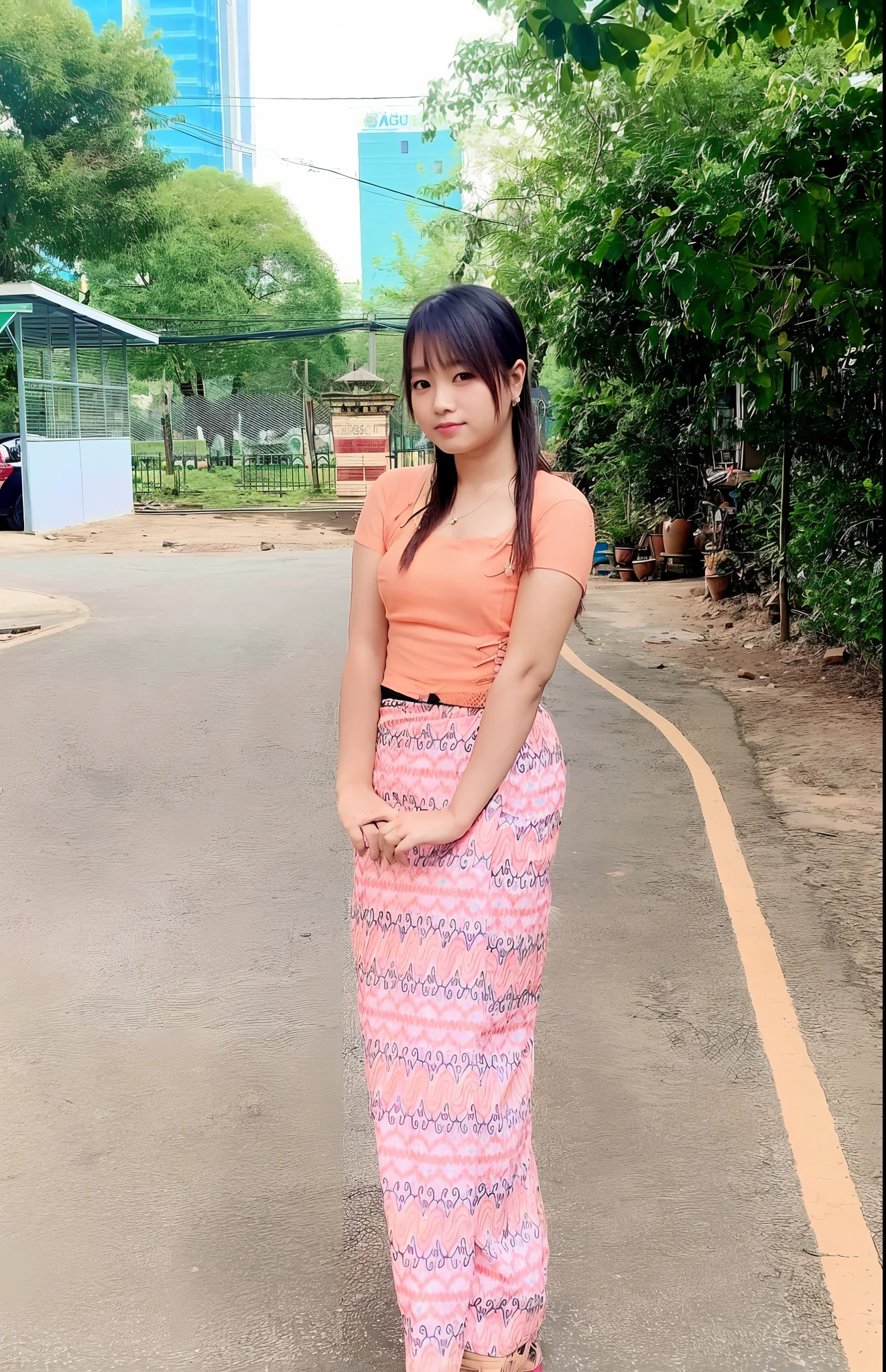 araffe woman in a pink skirt and orange top standing on a street, nivanh chanthara, anime thai girl, ruan cute vtuber, a young asian woman, young asian girl, asian girl, full body picture, thawan duchanee, very beautiful enga style, very beautiful girl, traditional beauty, south east asian with long