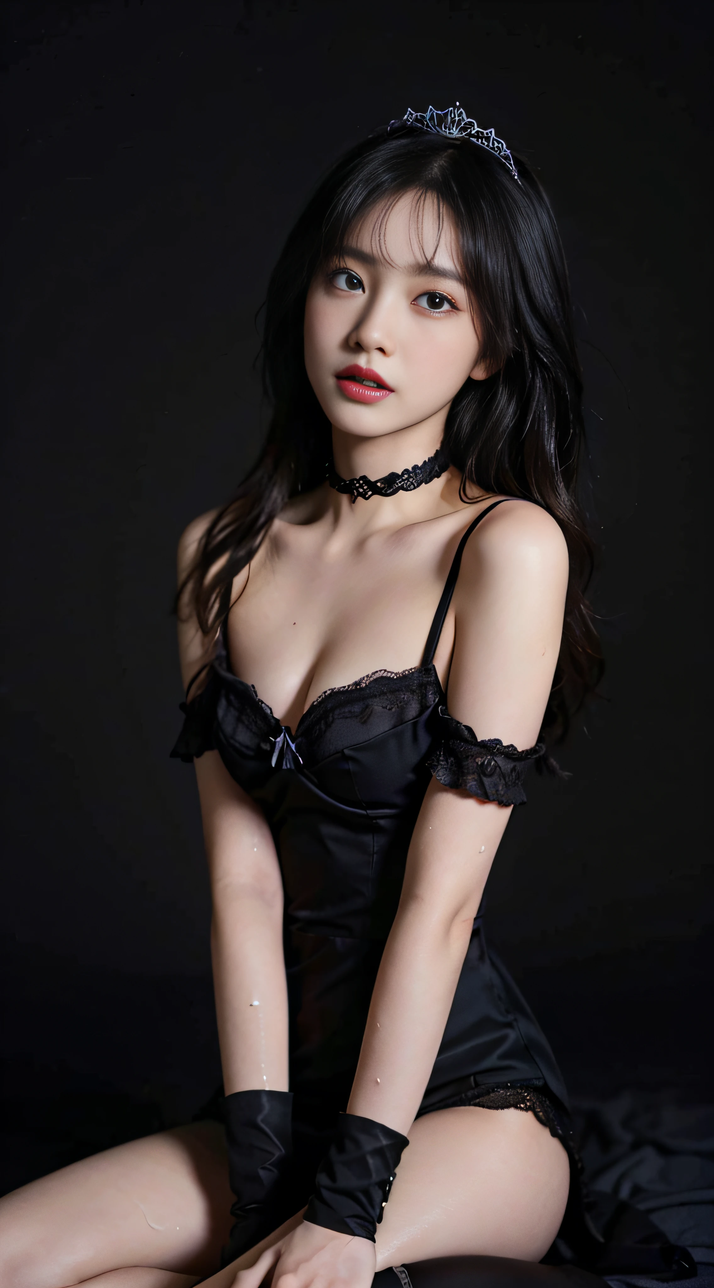 (((top quality, 16K, masterpiece: 1.3))), (Black lace choker, Black tiara, Off-shoulder gothic lolita fashion with very much sheer skin exposure, Black lace over-the-knee stockings, Only for girls :1.4)), (Perfect head-to-knee photos), ((Long hairstyles, black hair, with bangs, Princess Cut, Vertical winding)), (Realistic texture of face and skin)), Skin luster, Skin highlight, 、(very detail eyes, Sharp pupils, Realistic pupils, Sharp focus, Very large eyes, Very long term, Wet pupils)), Slightly distant eyes, Small hanging eyes, very long eyelashes, very small and very thin nose, Very small mouth, Very thin lips, thin chin, slightly longer neck, very thin waist, small ass, thin and long legs, Small beautiful breasts directed upwards, Gentle gaze staring into the distance, Dramatic lighting, Black simple background,