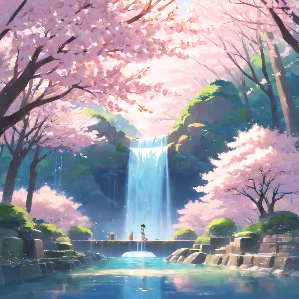 a beautiful sakura garden waterfall, ethereal, aesthetic, in the style of studio ghibli and toei, trending on artstationhq