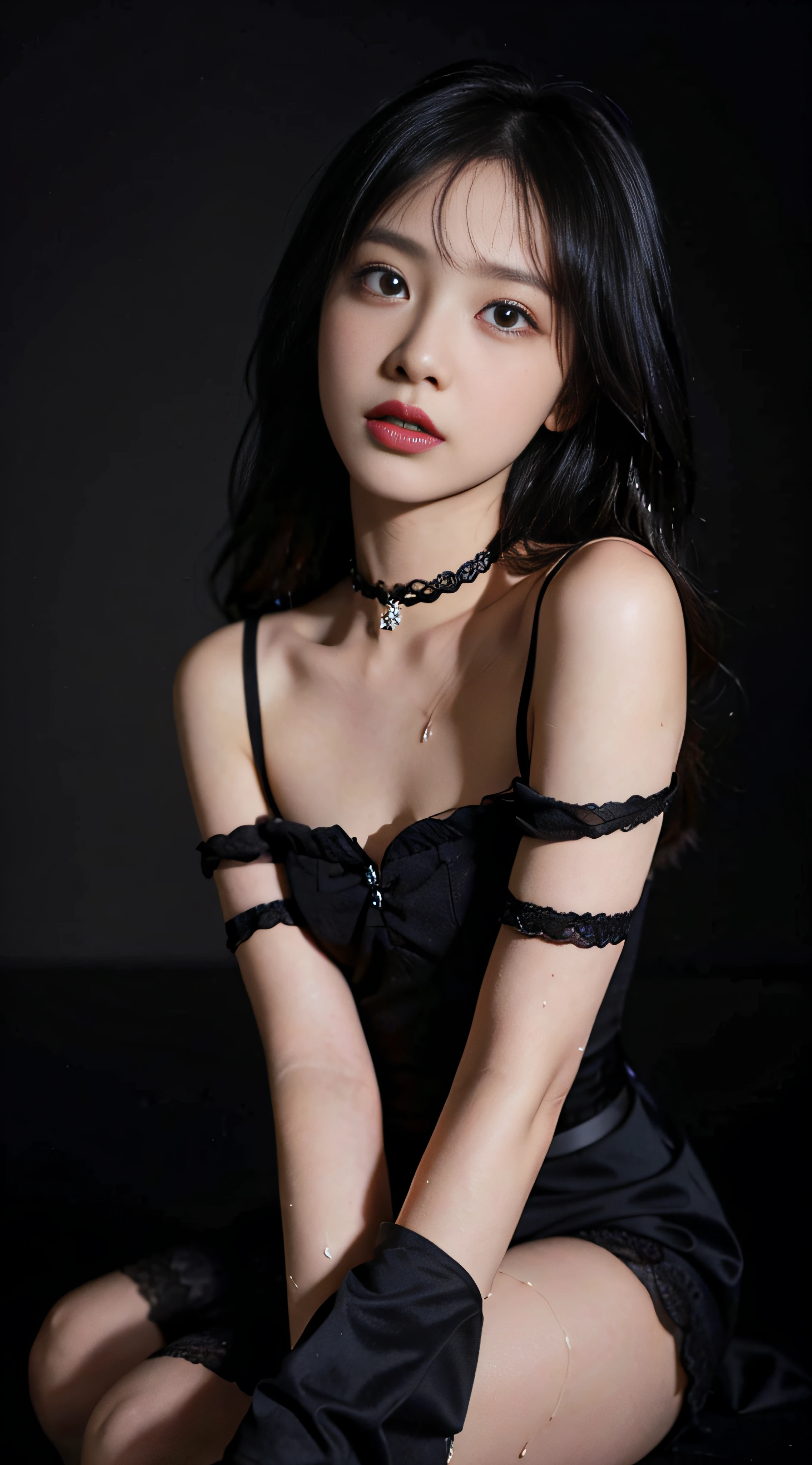 (((top quality, 16K, masterpiece: 1.3))), (Black lace choker, Black tiara, Off-shoulder gothic ****ta fashion with very much sheer skin exposure, Black lace over-the-knee stockings, Only for girls ************:1.4)), (Perfect head-to-knee photos), ((Long hairstyles, black hair, with bangs, Princess Cut, Vertical winding)), (Realistic texture of face and skin)), Skin luster, Skin highlight, 、(very detail eyes, Sharp pupils, Realistic pupils, Sharp focus, Very large eyes, Very long term, Wet pupils)), Slightly distant eyes, Small hanging eyes, very long eyelashes, very small and very thin nose, Very small mouth, Very thin lips, thin chin, slightly longer neck, very thin waist, small ass, thin and long legs, Small beautiful breasts directed upwards, Gentle gaze staring into the distance, Dramatic lighting, Black simple background,