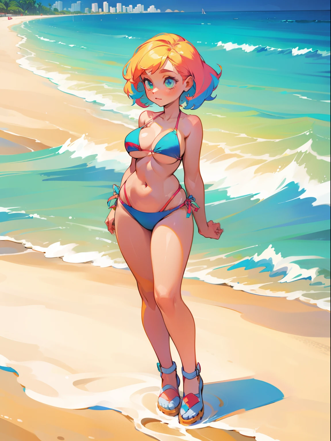 a short curvy girl in a bikini at the beach, full body, colorful