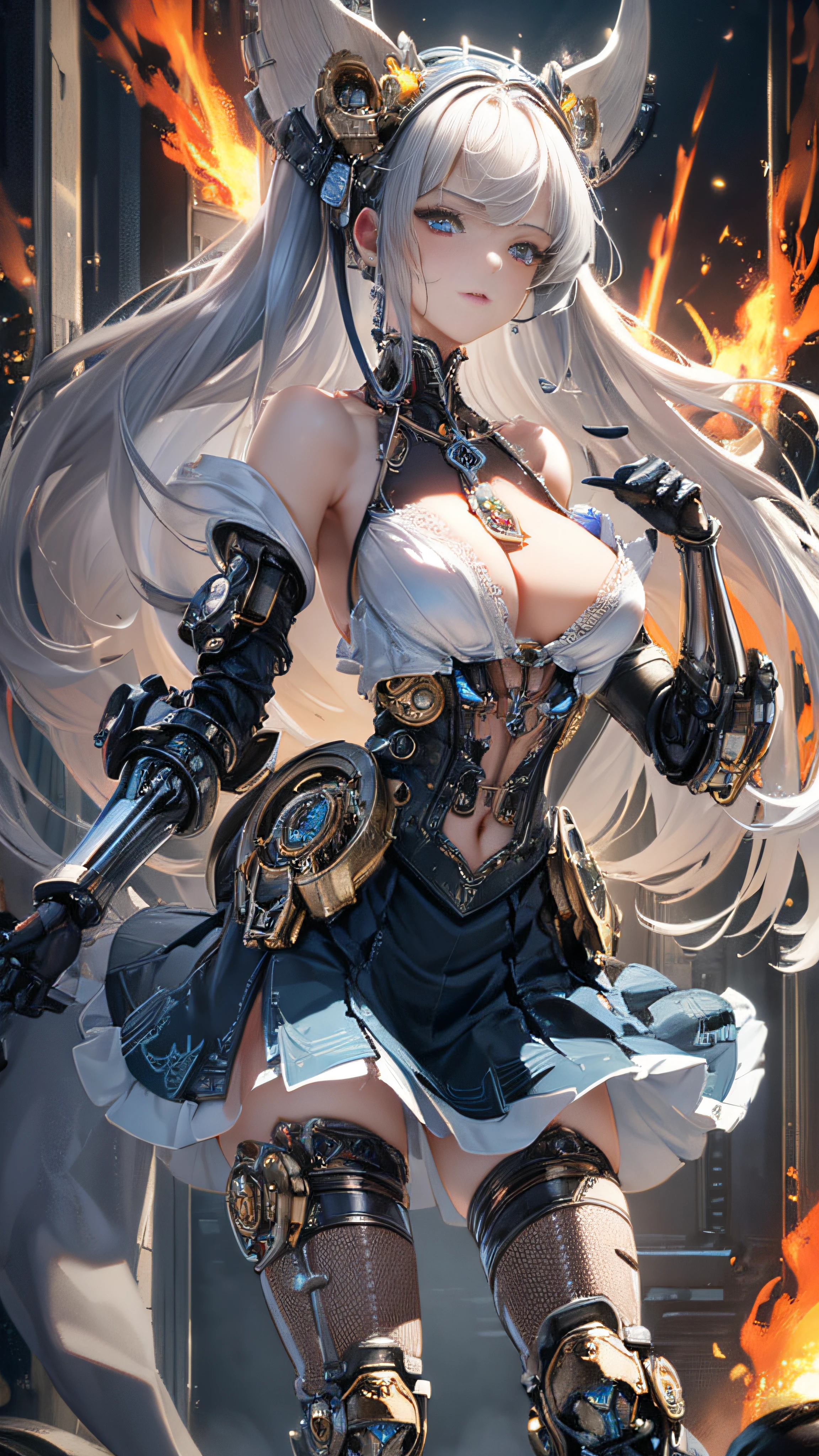 ((ultra best quality)), ((A very masterpiece)), ((Super Detail:1.4)), ((Ultra-Photorealistic 3D)), Complex mechanical cyborg girl, Skeleton body, Dynamic combat action poses, Off-the-shoulder fashion fused with detailed and intricate steampunk and detailed gothic ta, Complex steampunk headgear, very thin long legs, Complex mechanical boots above the knee, Fluttering Lace Flared Mini Skirt, beautiful small breasts directed upwards, rather long vertical curly silver hair moved by the wind, Emitting a dazzling light in a mandala pattern, Lots of neon lights cross and splash, Extremely complex giant mechanical weapons, Complex mechanical factory bursting into flames, Very dark night background, Very dramatic and cinematic lighting,