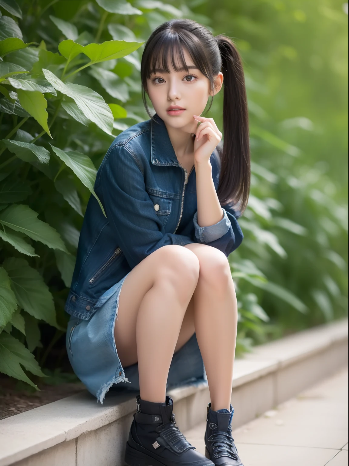 Sit with your legs open,Knees,年轻,(Denim skirt),Zip Up,s girl,A dark-haired,Twin-tailed,poneyTail,delicate and petite body