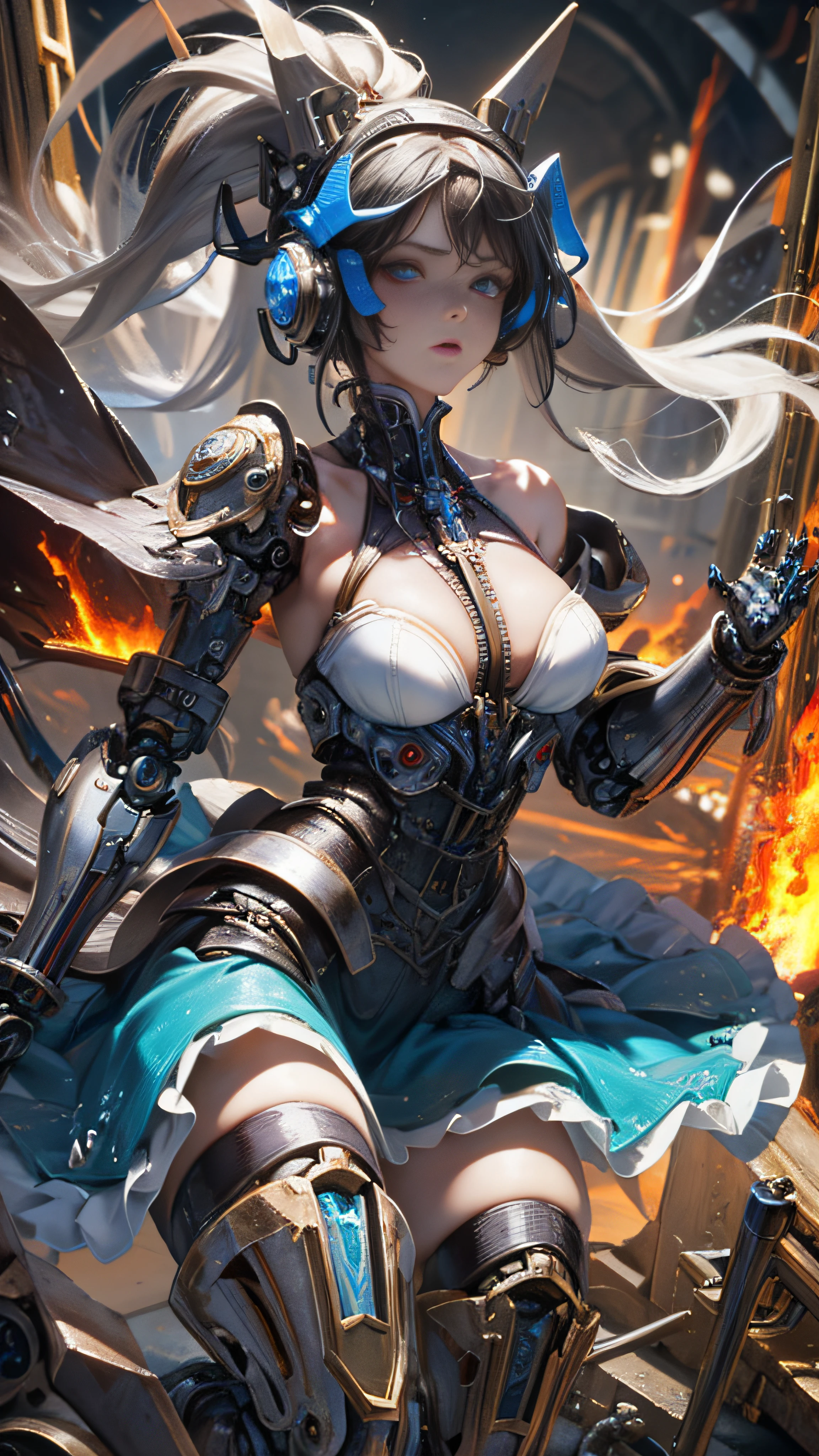 ((ultra best quality)), ((A very masterpiece)), ((Super Detail:1.4)), ((Ultra-Photorealistic 3D)), Complex mechanical cyborg girl,  Skeleton body,  Dynamic combat action poses,  Off-the-shoulder fashion fused with detailed and intricate steampunk and detailed gothic lolita, Complex steampunk headgear, very thin long legs,  Complex mechanical boots above the knee,  Fluttering Lace Flared Mini Skirt,  beautiful small breasts directed upwards,  rather long vertical curly silver hair moved by the wind,  Emitting a dazzling light in a mandala pattern, Lots of neon lights cross and splash,  Extremely complex giant mechanical weapons, Complex mechanical factory bursting into flames,  Very dark night background,  Very dramatic and cinematic lighting,