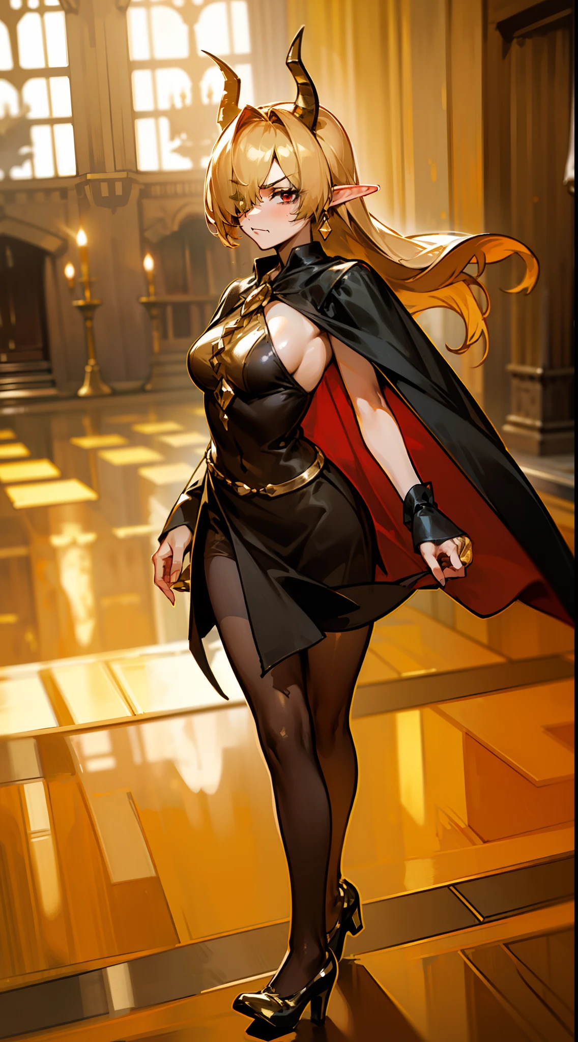 1woman,40s,solo,angry face,golden and black short dress,medium tits,golden hair,long hair,red eyes,elves ears, golden horns,pantyhose,((cape)),hair over one eye,gold high heels,(((walking in front of a room inside a castle)))