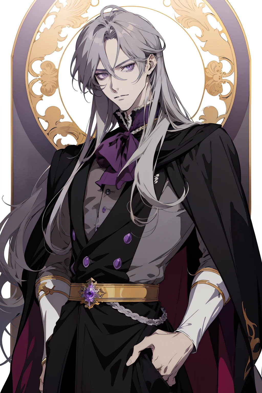 anime drawing of a man Regal Victorian era style clothing long blonde hair anime guy black cape purple eyes, 2 d anime style, male anime style, male anime character, anime style character, delicate androgynous prince, in an anime style, he has dark grey hairs, beautiful androgynous prince, handsome anime pose, vector shaded anime, full detailed beautiful