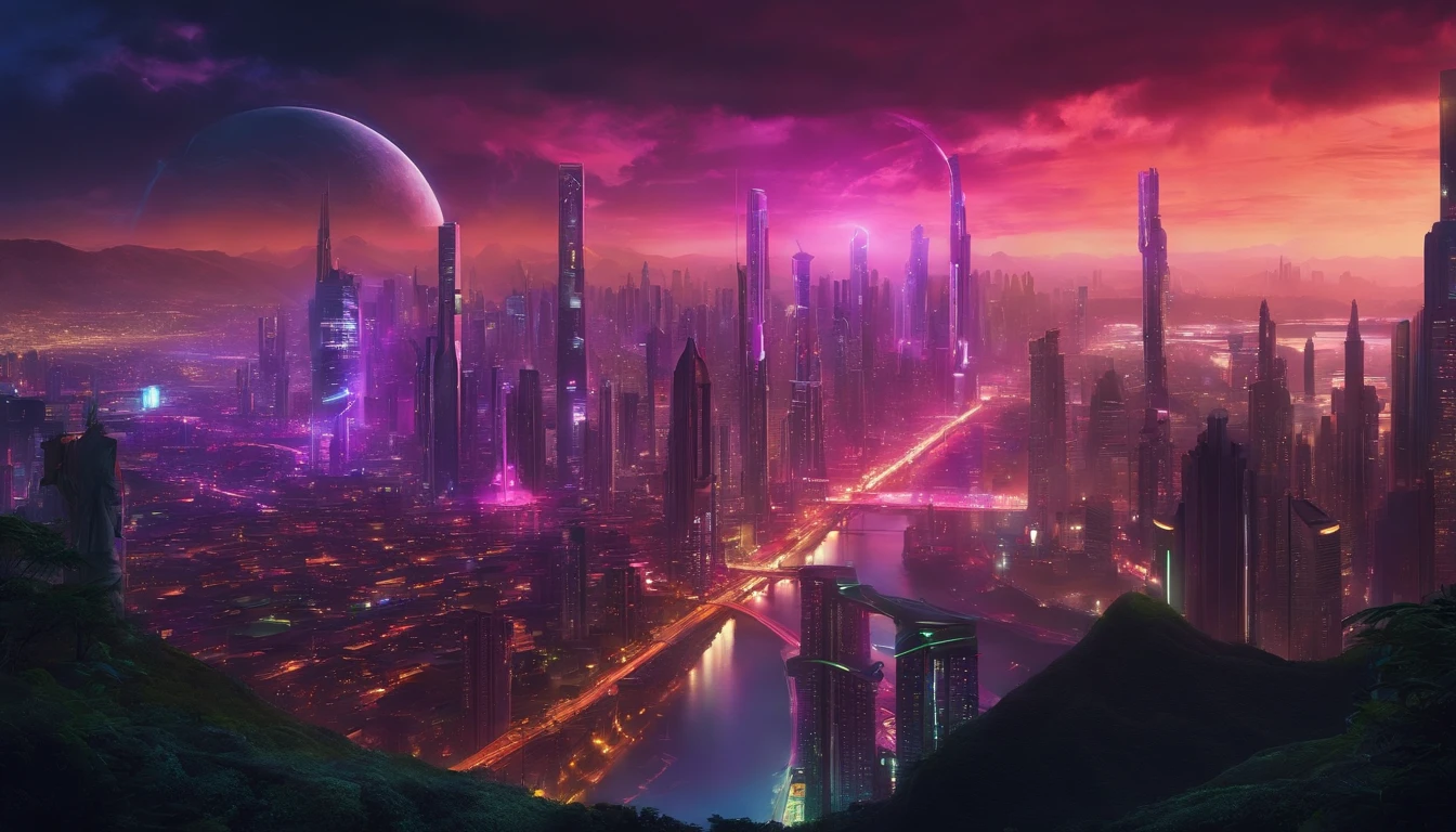 (obra prima) cidade no estilo cyberpunk, illuminated sky, neon light, imagem vista do zero, paisagem ampla, cidade futurista