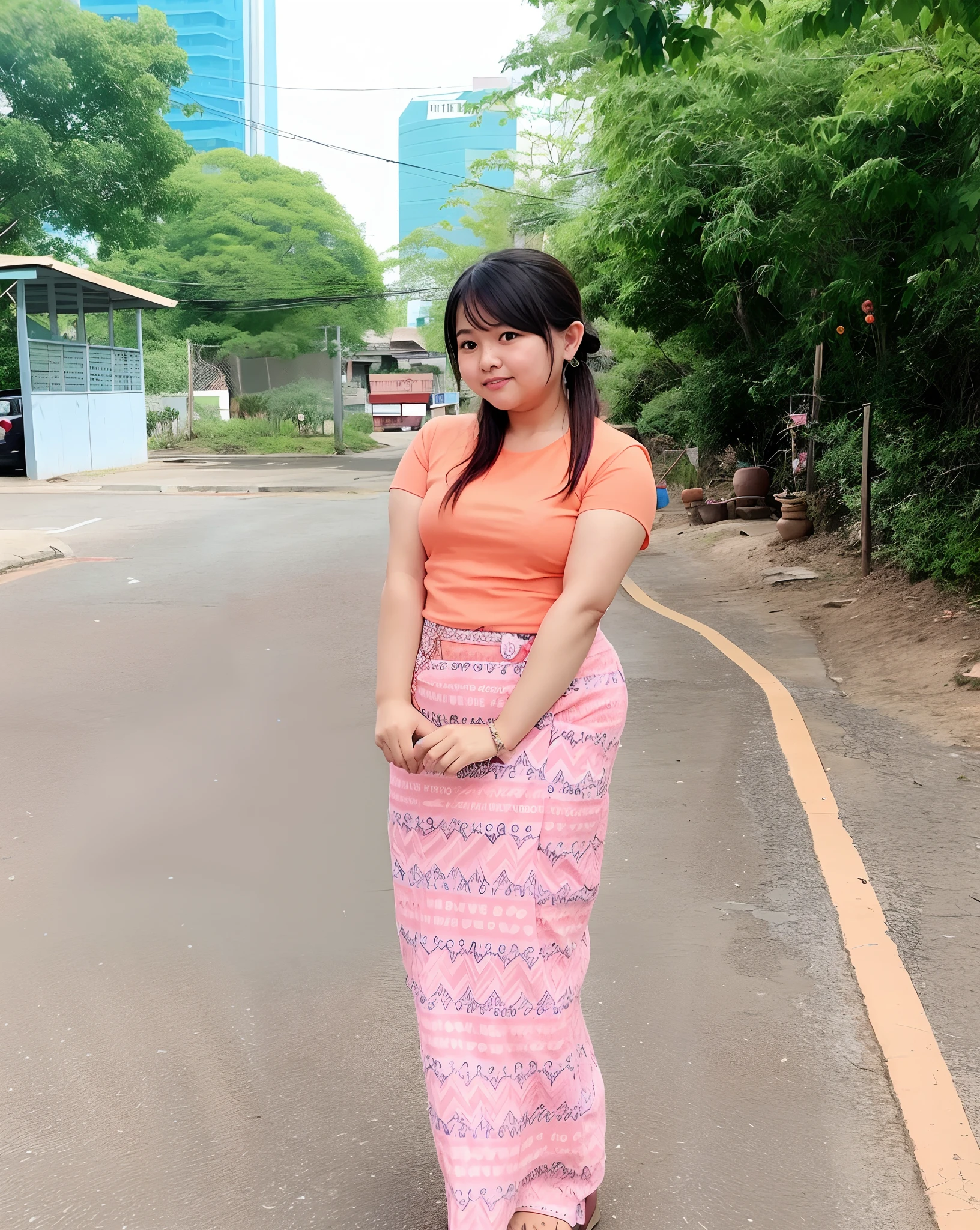 araffe woman in a pink skirt and orange top standing on a street, nivanh chanthara, anime thai girl, ruan cute vtuber, a young asian woman, young asian girl, asian girl, full body picture, thawan duchanee, very beautiful enga style, very beautiful girl, traditional beauty, south east asian with long