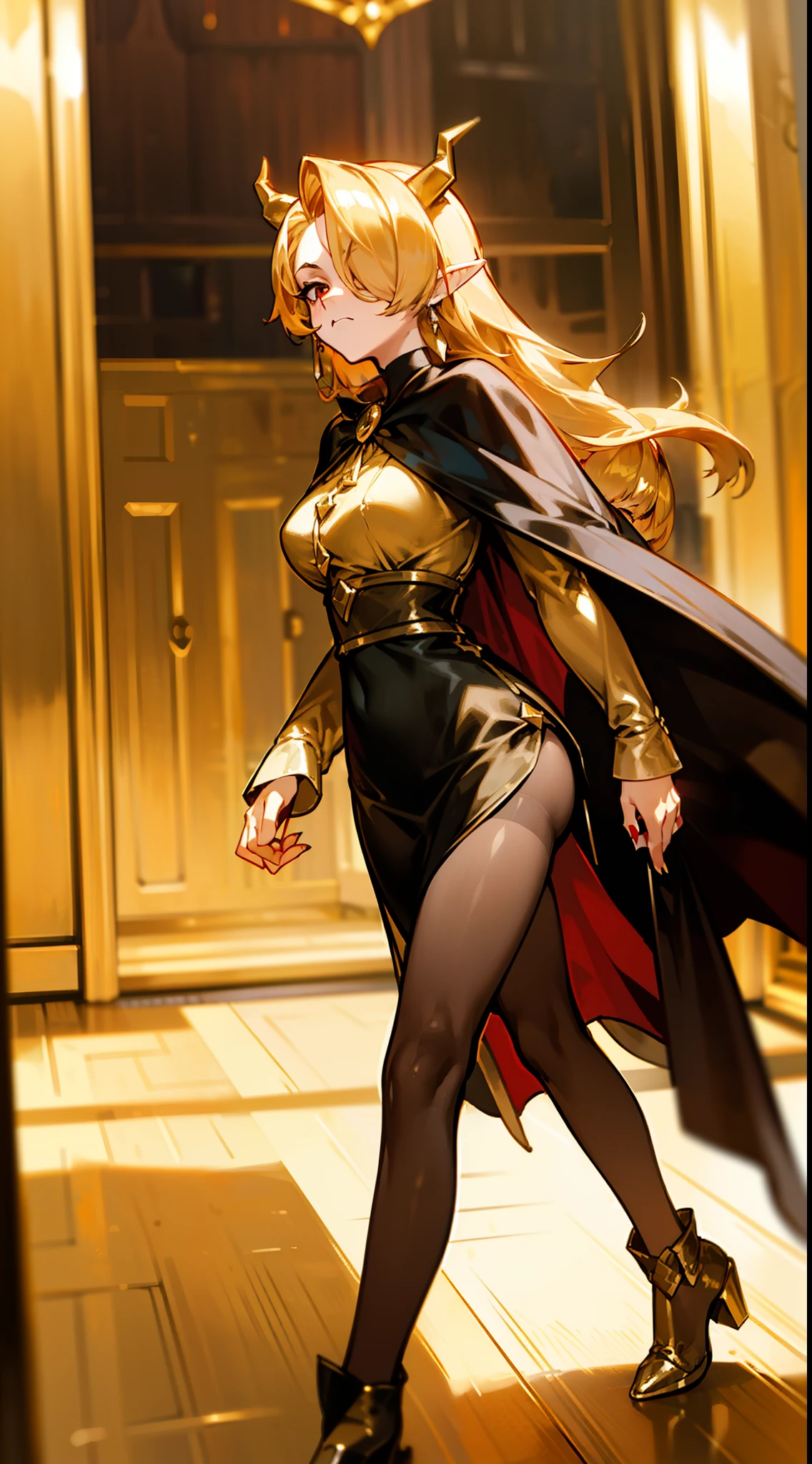 1woman,40s,solo,angry face,golden and black short dress,medium tits,golden hair,long hair,red eyes,elves ears, golden horns,pantyhose,((cape)),hair over one eye,gold high heels,(((walking in front of a room inside a castle)))