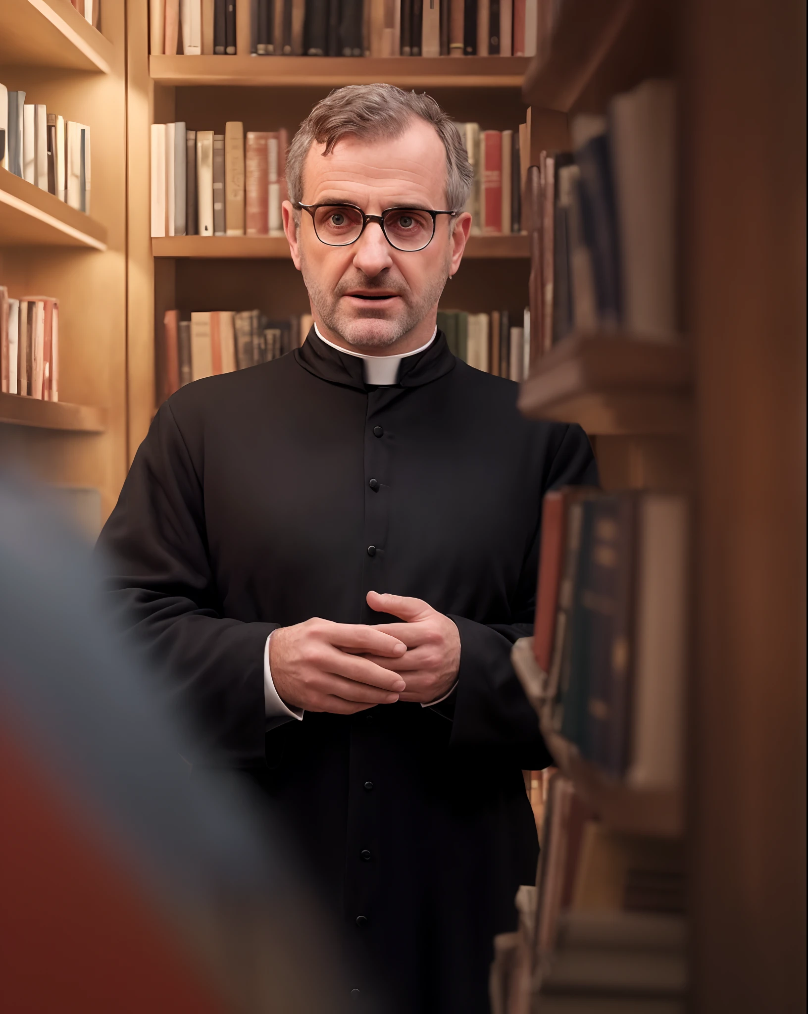 Arafed man in a robe of black clergy standing in a library, paolo eleuteri serpieri, an evil catholic priest, Christof Romualdo, Guilherme H. Pongiluppi, vincenzo riccardi, Directed by: Etienne Delessert, Christophe Szpajdel, change penovác, Pablo Dominguez, imagem retrato, 4k