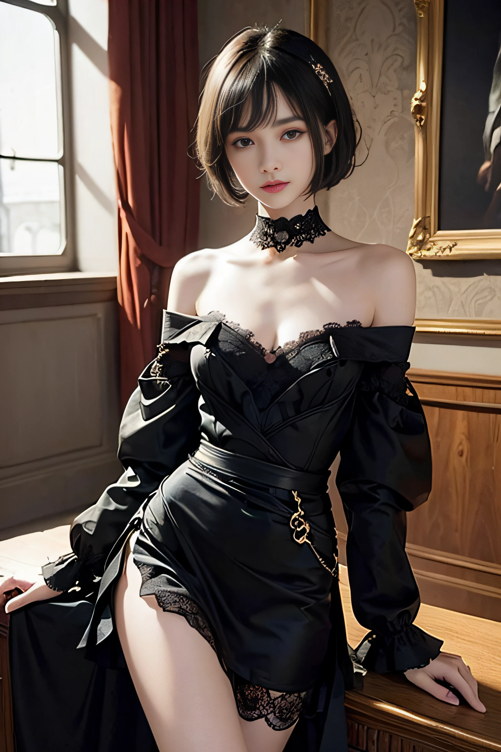 (((Top Quality, 16K, Masterpiece: 1.3))), (16-year-old girls only: 1.4)), (Perfect photo from the waist up), (Short bob layered hairstyle, black hair, with bangs)), Thin black lace choker, black off-shoulder dress with lace and ruffles, (Realistic texture of face and skin)), Skin gloss, Skin highlights, (Highly detailed eyes, sharp pupils, realistic pupils, sharp focus, very large eyes, very long eyes, wet pupils)), slightly distant eyes, small hanging eyes, double eyelids, very long eyelashes, very small and very thin nose, very small mouth, very thin upper lip, thin chin, slightly long neck, very thin waist, small buttocks, thin and long legs, small beautiful breasts directed upwards, gentle gaze staring into the distance, A room with black gothic design with very dark dramatic lighting, black wallpaper and gold decorations.