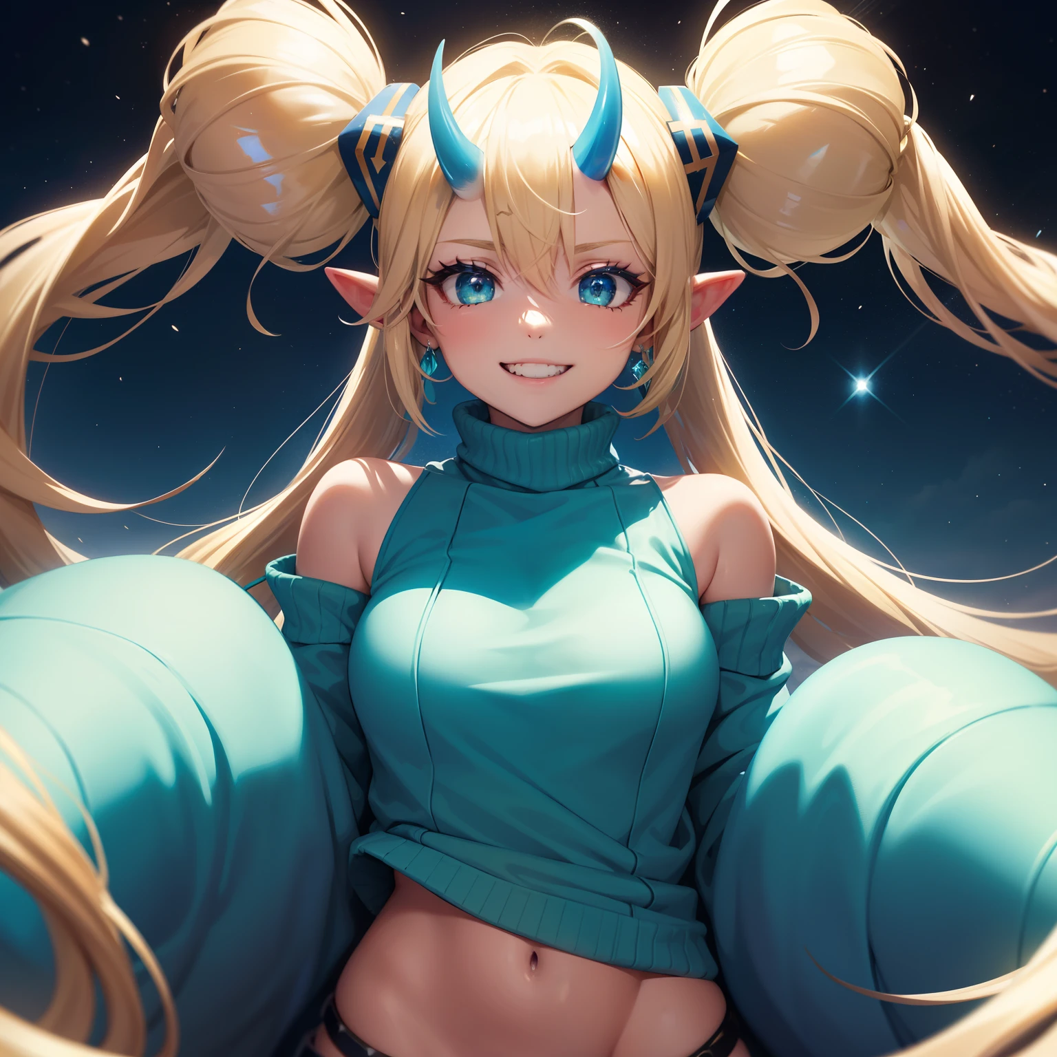 nijilorahorn a pertty nijiwoman with crystal - clear horns, wearing blue - green skiwear, twintails, big beautiful ODD eyes, big warm grin, On the streets of a cyberlunk desert city blond hair