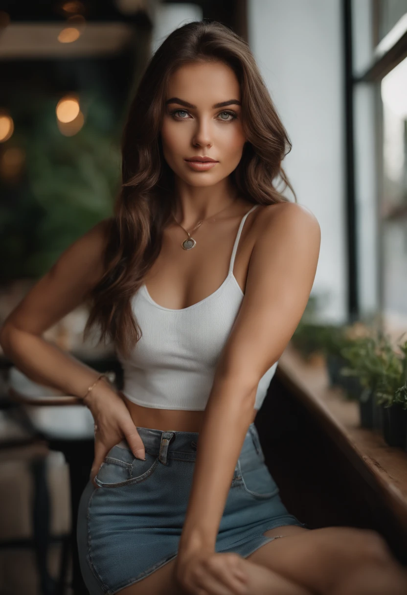 arafed woman with a white tank top and a necklace, dining at a restaurant, sexy girl with green eyes, portrait sophie mudd, brown hair and large eyes, selfie of a young woman, bedroom eyes, violet myers, without makeup, natural makeup, looking directly at the camera, face with artgram, subtle makeup, stunning full body shot, piercing green eyes, beautiful angle, attractive pose, cute girl, sexy pose, full body picture, full body, full body shoot, brunette goddess, high detail, satisfied pose, wearing grey skirt and boots, skirt, boots