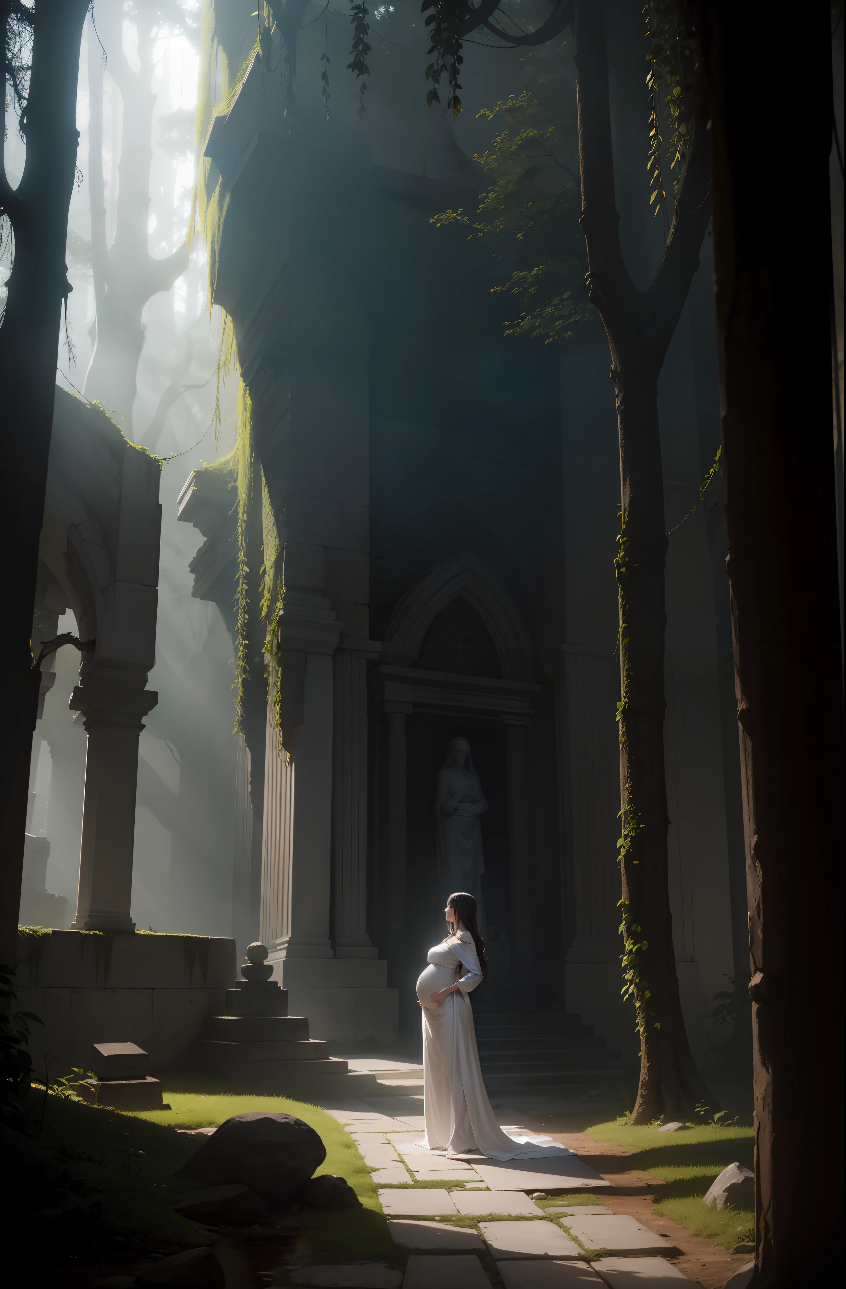 Full body pregnant woman in white dress poses for photo, white cloth, clothed, fully, white clothing, draped in flowing fabric, flowing white robes, Deep within a dense jungle, concealed by towering trees, lies a hidden voodoo temple. Its weathered stone walls are adorned with symbols and mysterious carvings, invoking a sense of ancient magic. The temple stands in stark contrast to its lush surroundings, emanating an eerie and mystical energy. Thick vines snake their way around the structure, adding to the sense of mystery and enchantment. As sunlight filters through the canopy above, dappled light dances upon the temple, casting enchanting shadows. Photo taken by Annie Leibovitz with a Canon EOS R5 and a telephoto lens, the lighting is a mix of filtered sunlight and subtle atmospheric effects, creating an ethereal and haunting ambiance. Award Winning Photography style, Fine Art& Conceptual, 8K, Ultra - HD, Super - Resolution.