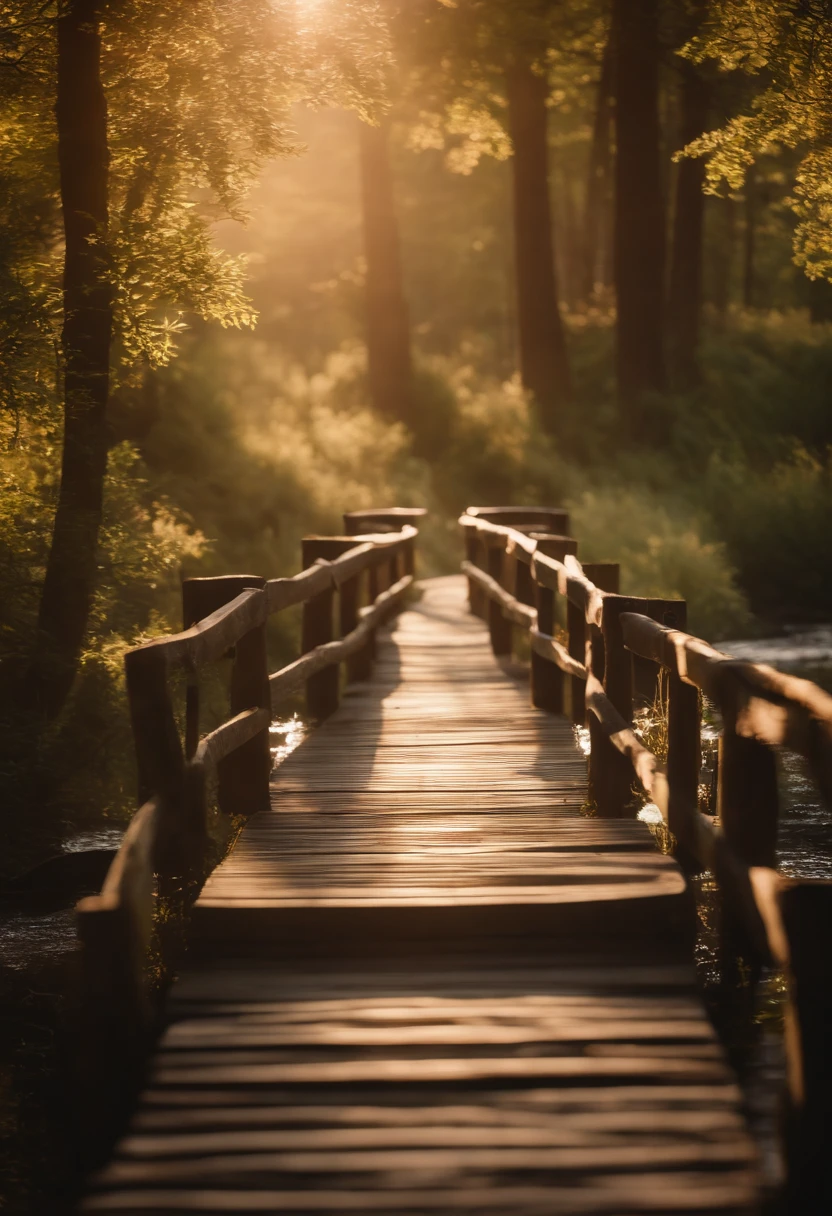 Weathered wooden bridge crossing a meandering stream| golden hour sunlight filtering through trees| nostalgic and rustic| tranquility| gentle ripples| whispering leaves| timeless connection| serene escape| nature's embrace| peaceful crossing