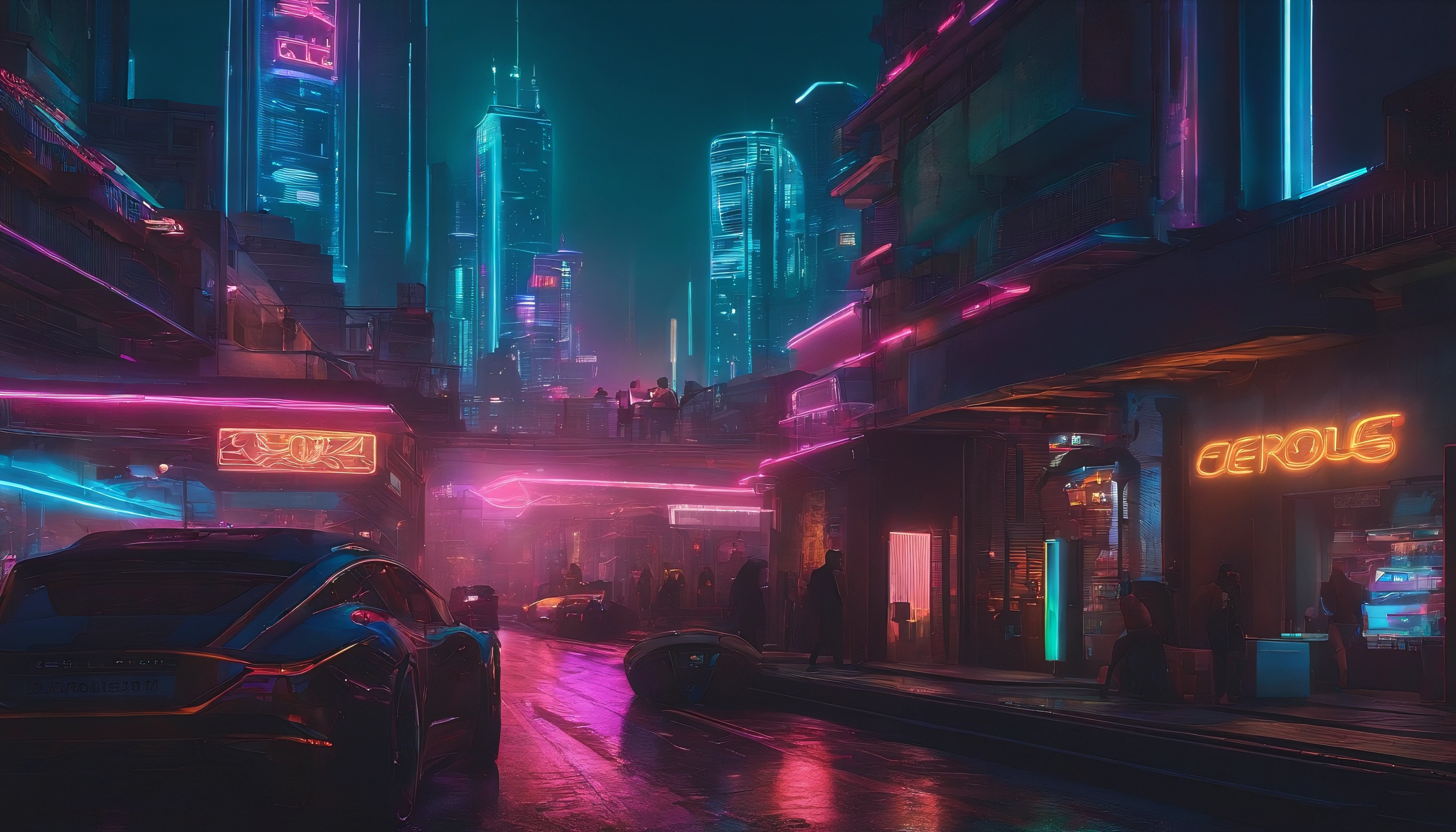 (obra prima) cidade no estilo cyberpunk, illuminated sky, neon light, imagem vista do zero, paisagem ampla, cidade futurista