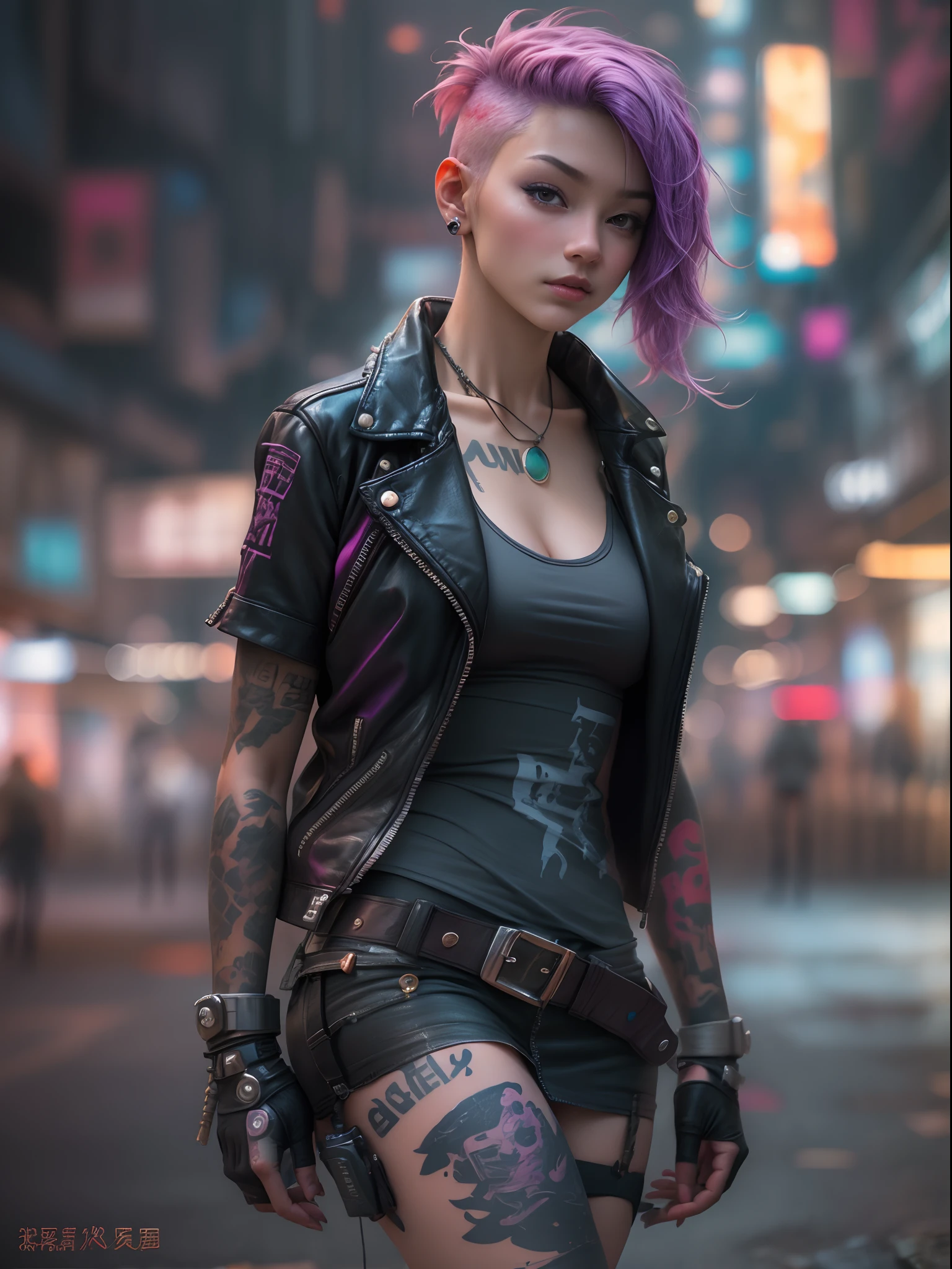 Photograph of cute 18 year old cyberpunk girls, (top-quality、in 8K、32K、​masterpiece、(NSFW))、(Photorealistic:1.4),Fancy makeup, shapeless punk hair,punk fashion、tank top, leather jacket, miniskirts,  pink-hair, red hair, purple hair multicolor hair、Tattoos,、cyberpunk city streets Background、Backlight effect、depth of fields,slightly blurry background.