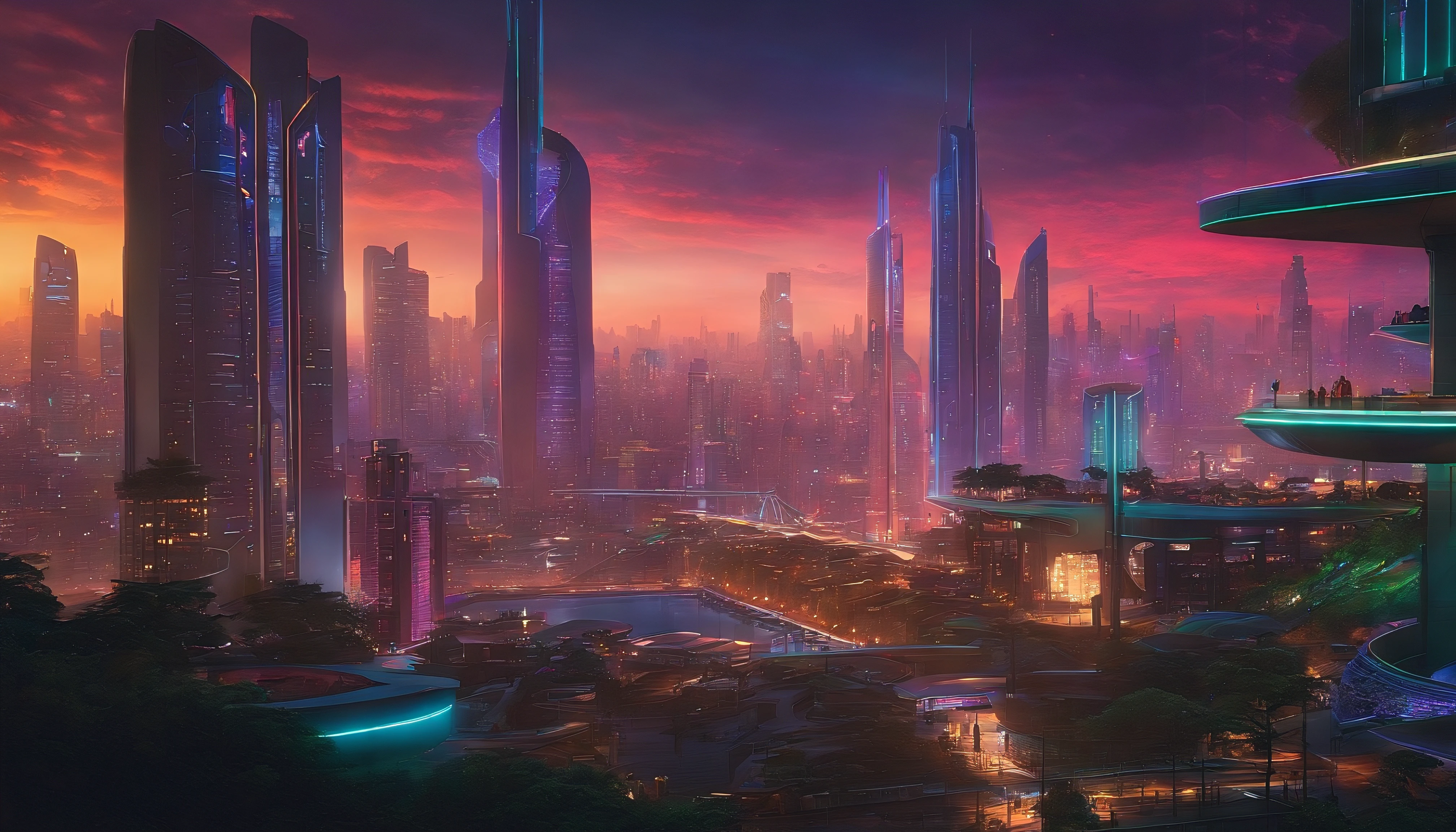 (obra prima) cidade no estilo cyberpunk, illuminated sky, neon light, imagem vista do zero, paisagem ampla, cidade futurista