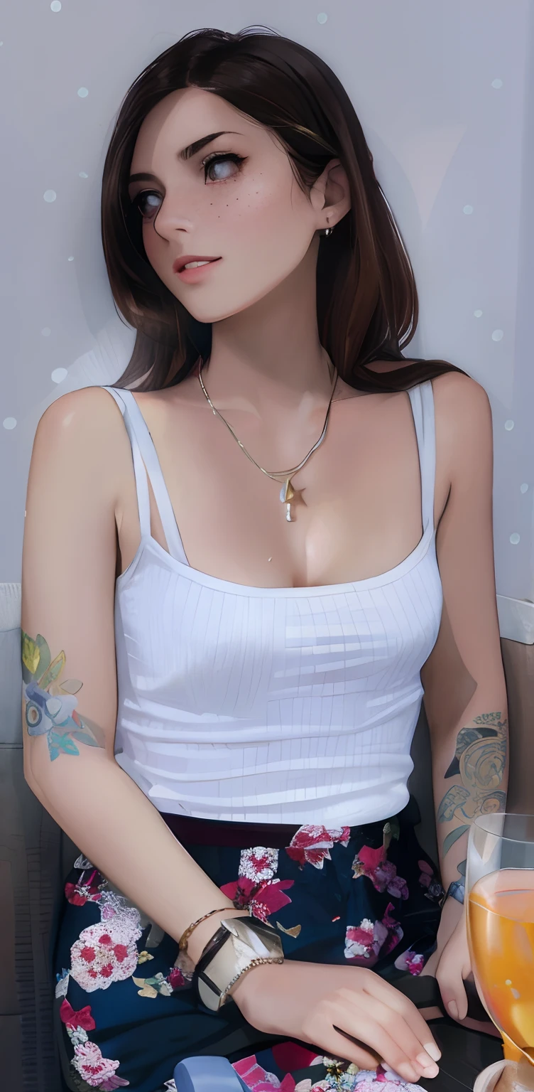 there is a woman sitting at a table with a glass of wine, wearing several pendants, small necklace, wearing white camisole, small freckles, white freckles, close up half body shot, close up to a skinny, wearing : tanktop, with tattoos, upper body portrait, smooth tiny details, small breasts, (garden background), ((Best quality, 8K, Masterpiece: 1.3))