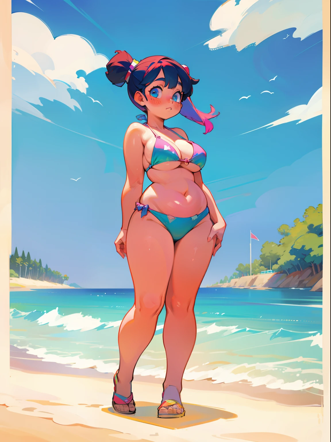 a tall chubby girl in a bikini at the beach, full body, colorful